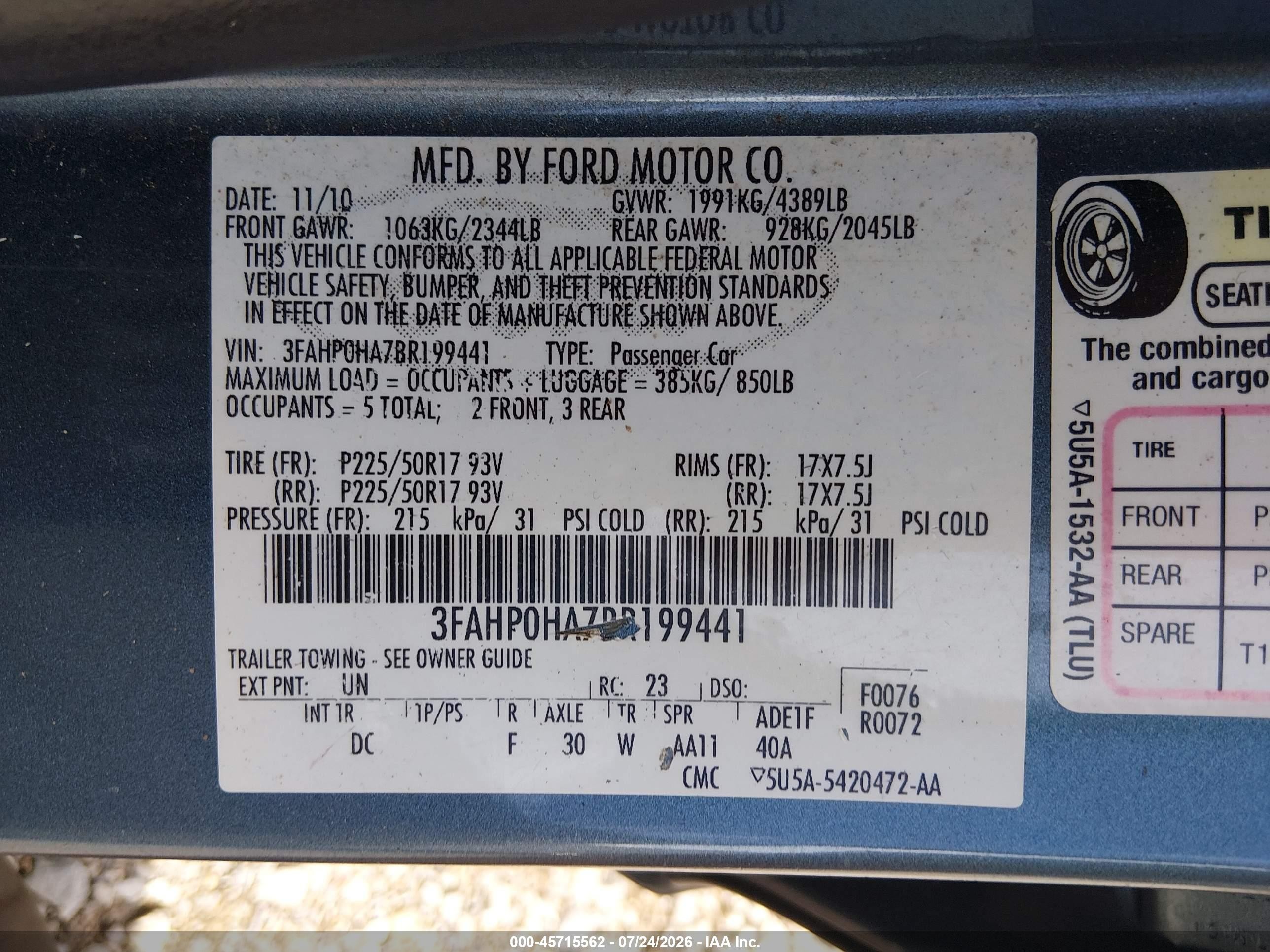 2011 Ford Fusion Se Blue vin: 3FAHP0HA7BR199441