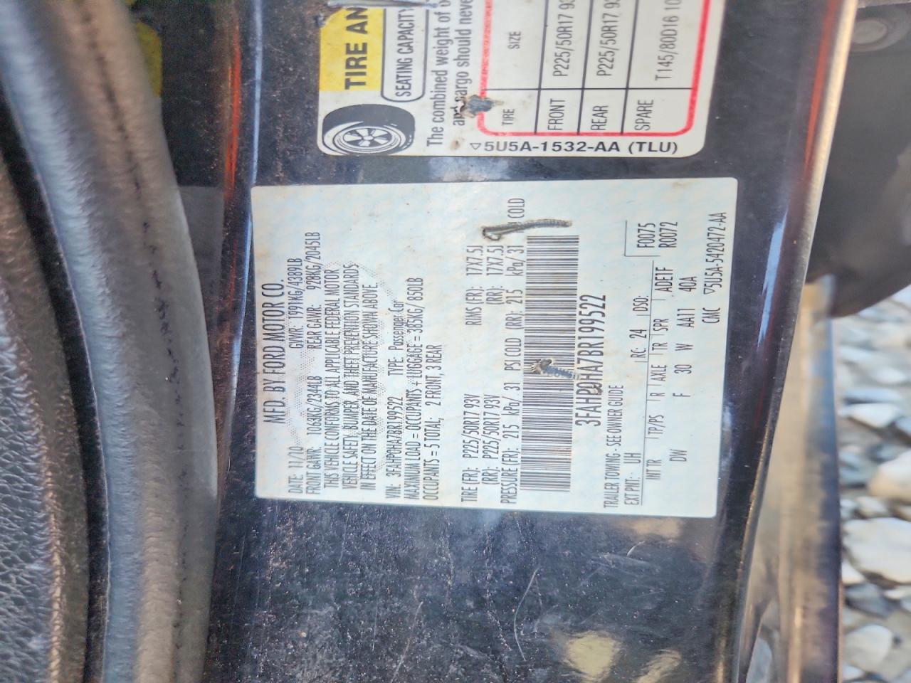 2011 Ford Fusion Se Black vin: 3FAHP0HA7BR199522
