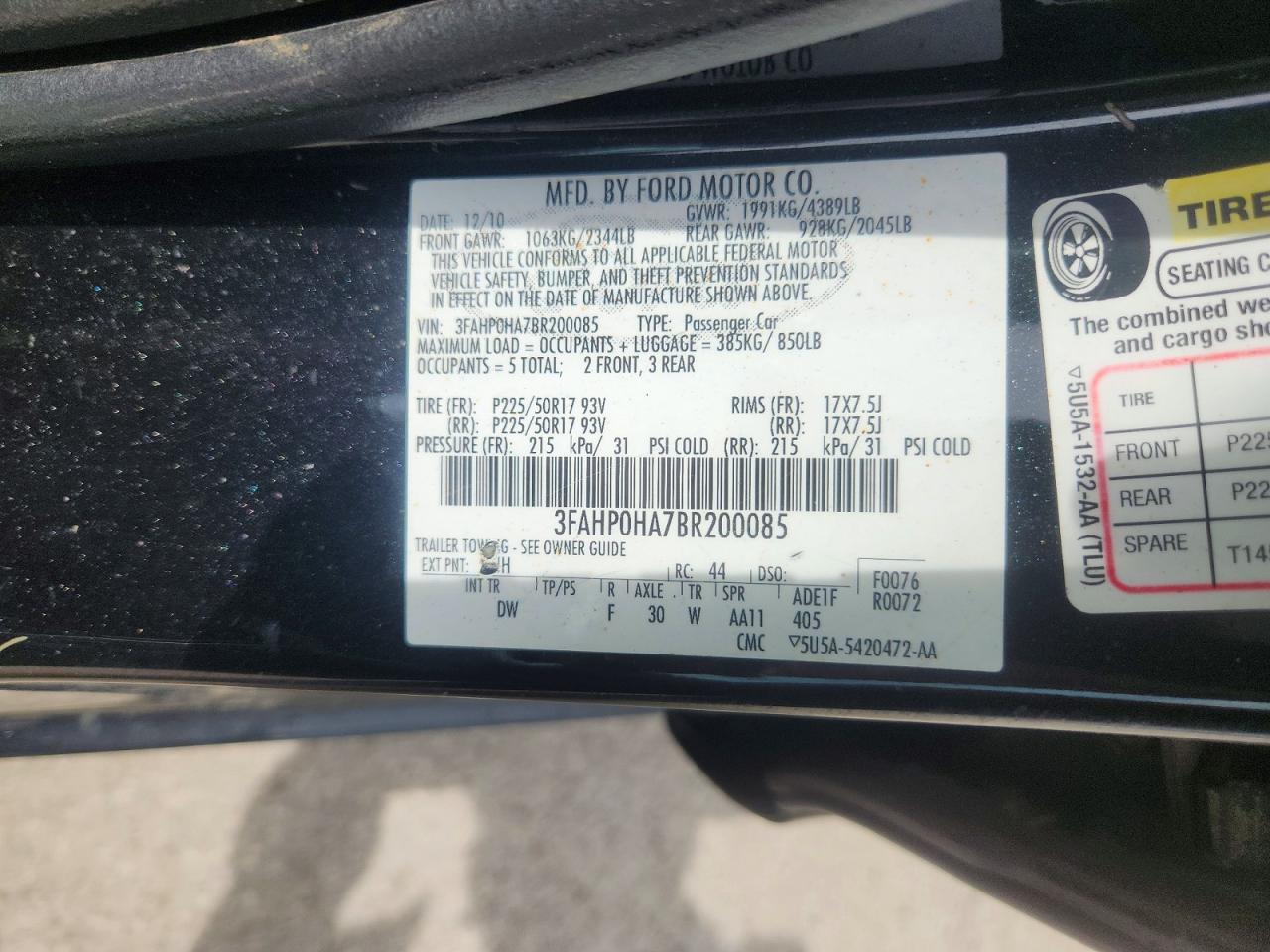 2011 Ford Fusion Se Black vin: 3FAHP0HA7BR200085