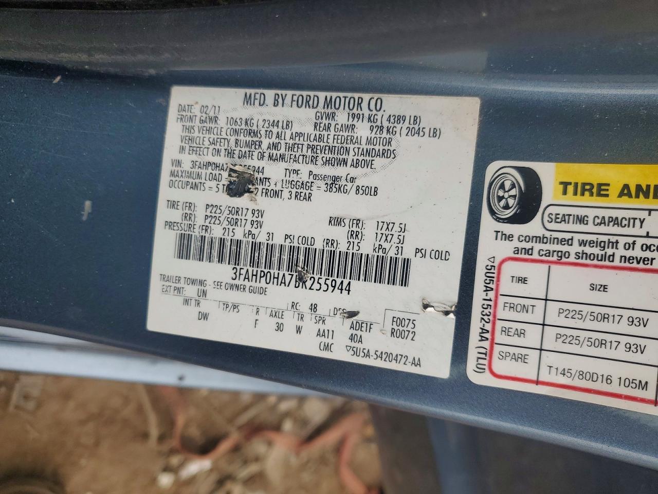 2011 Ford Fusion Se Blue vin: 3FAHP0HA7BR255944
