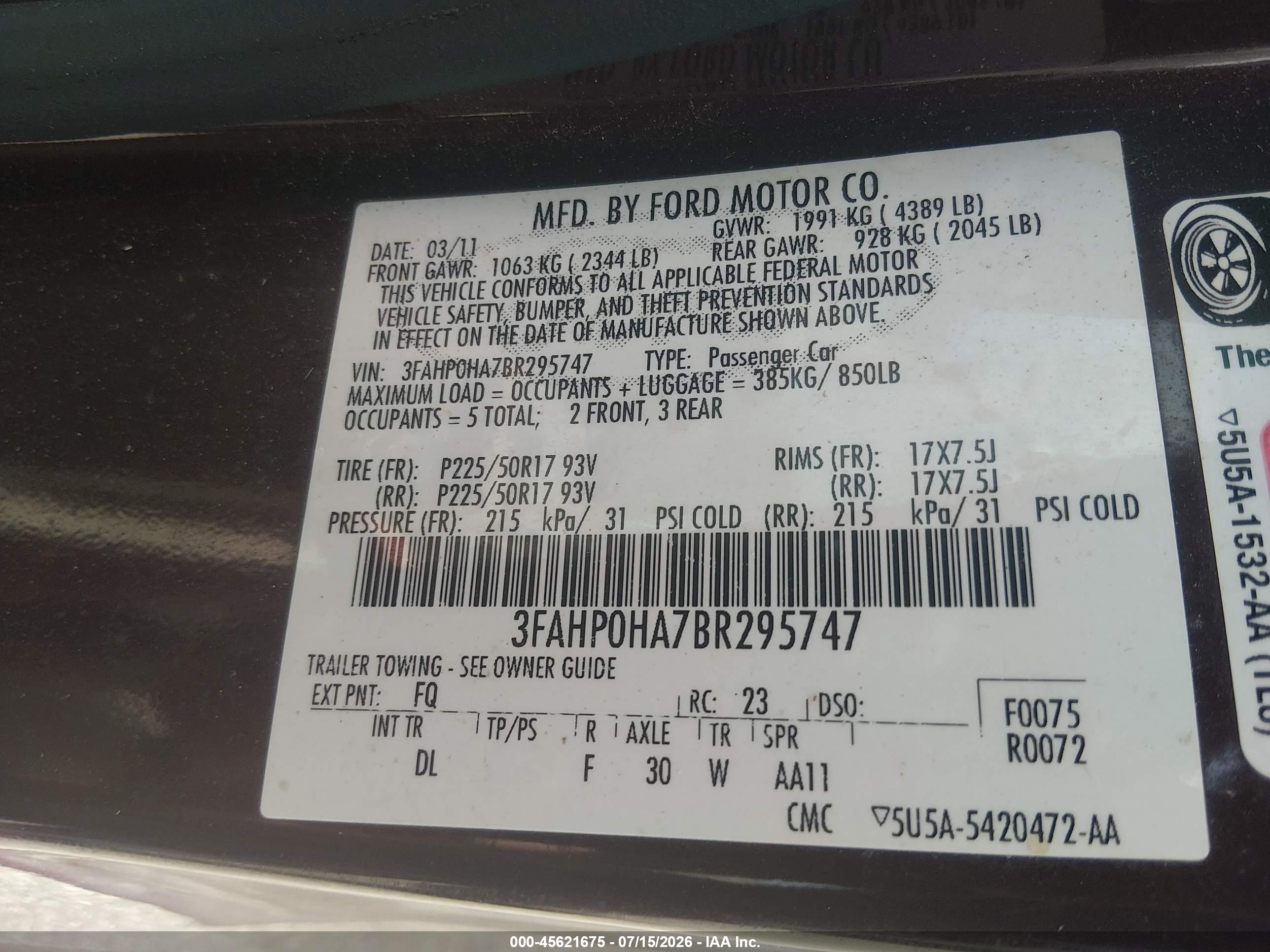 2011 Ford Fusion Se Burgundy vin: 3FAHP0HA7BR295747