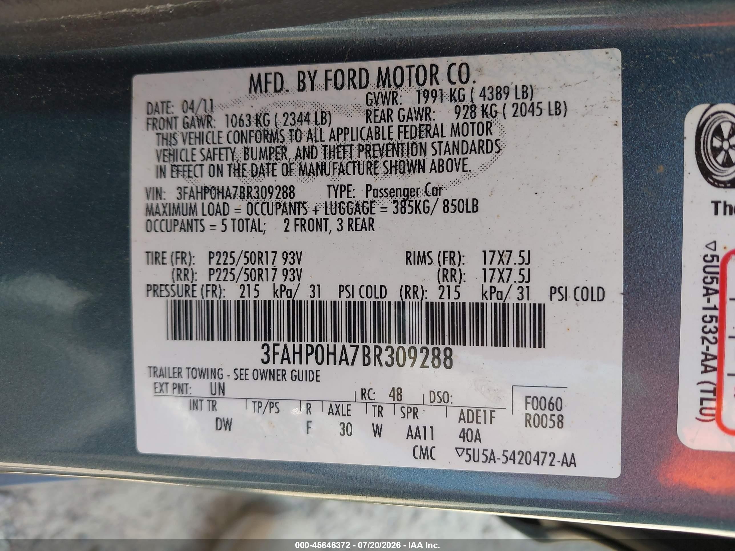 2011 Ford Fusion Se Teal vin: 3FAHP0HA7BR309288