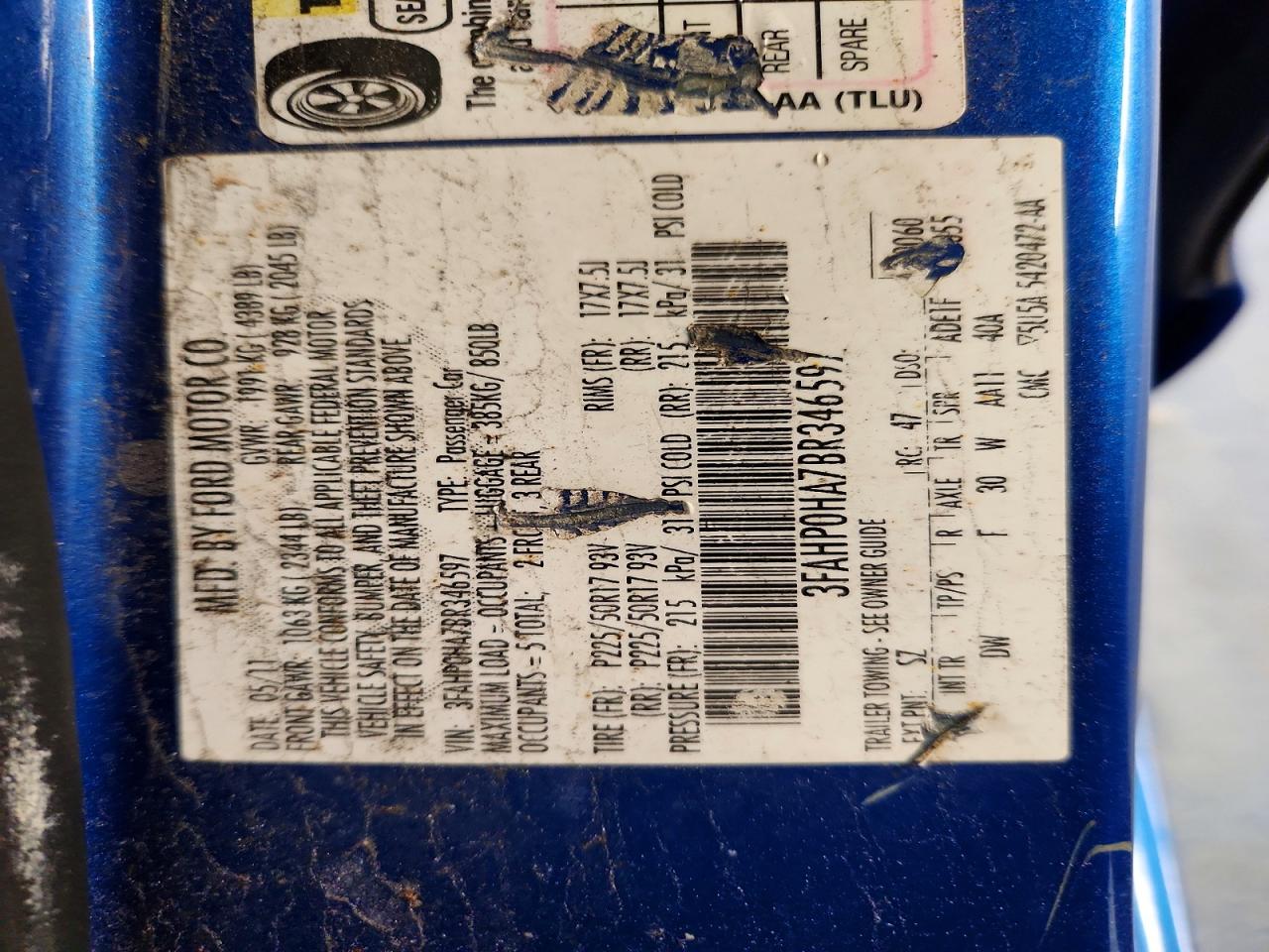 2011 Ford Fusion Se Blue vin: 3FAHP0HA7BR346597