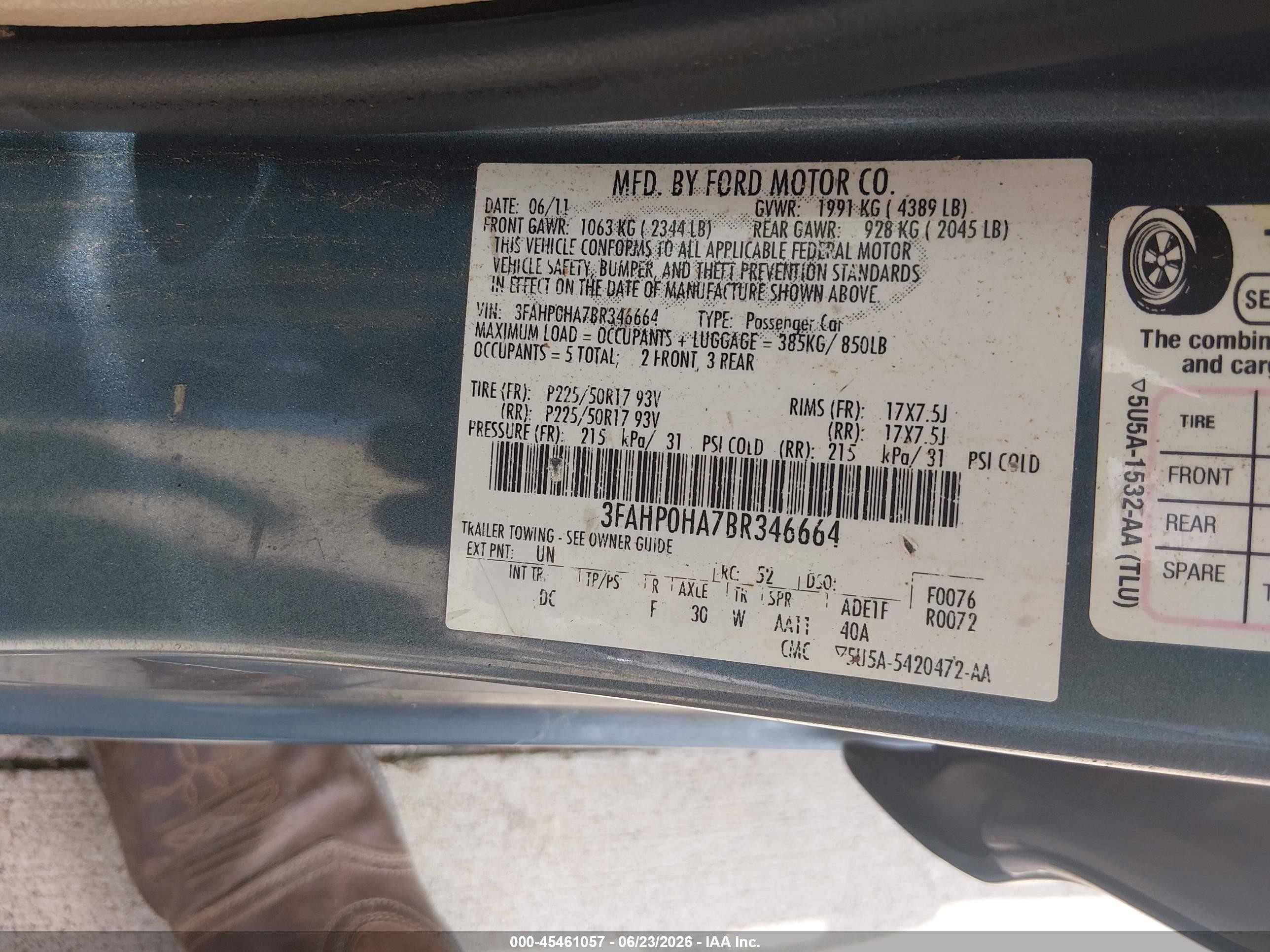 2011 Ford Fusion Se Teal vin: 3FAHP0HA7BR346664
