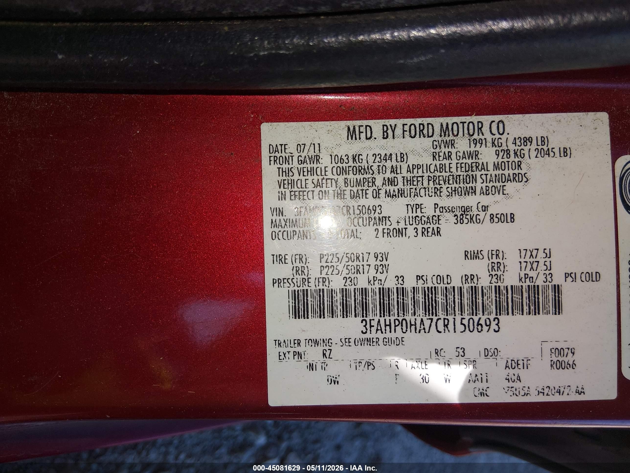 2012 Ford Fusion Se Red vin: 3FAHP0HA7CR150693