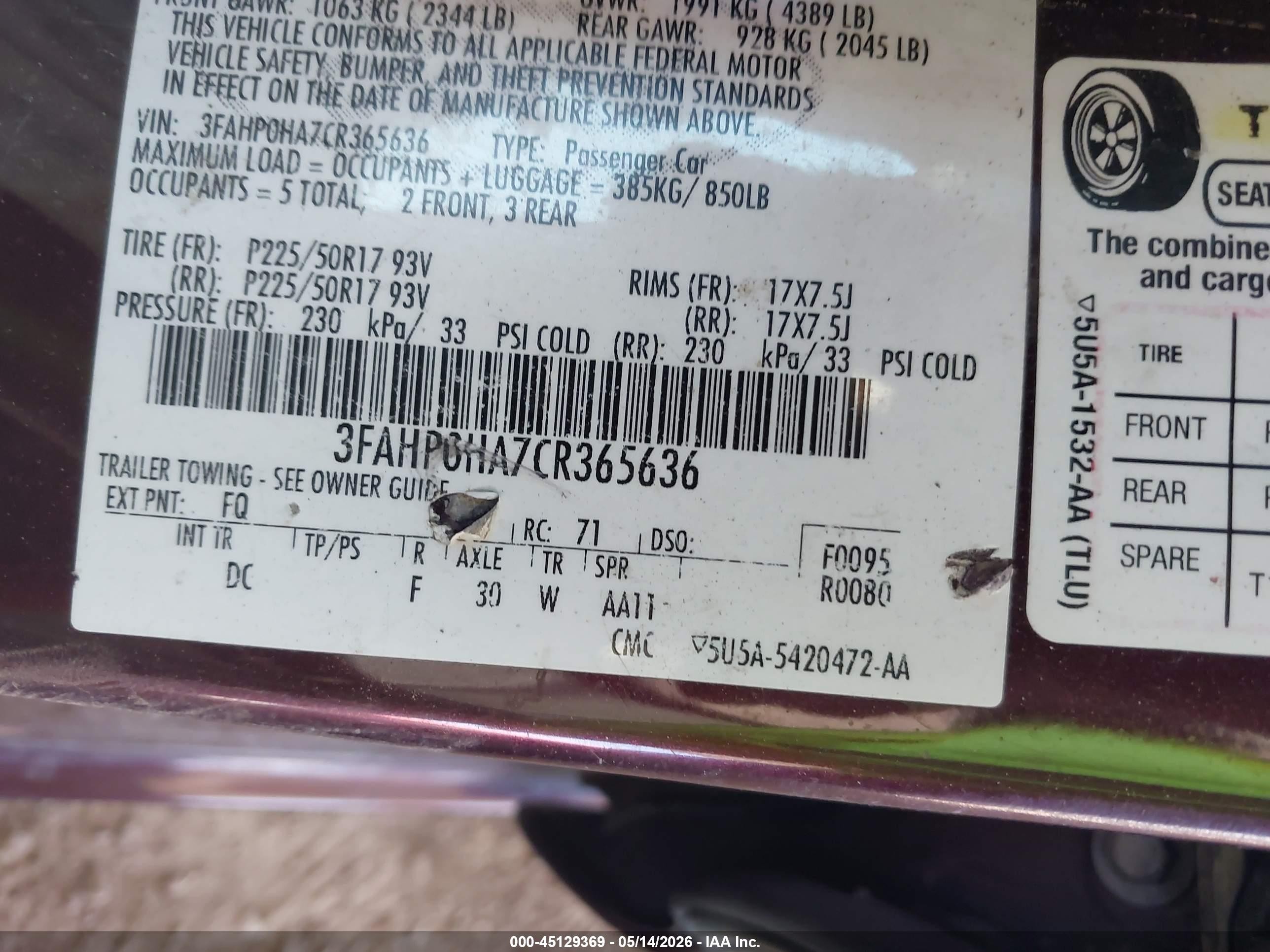 2012 Ford Fusion Se Burgundy vin: 3FAHP0HA7CR365636