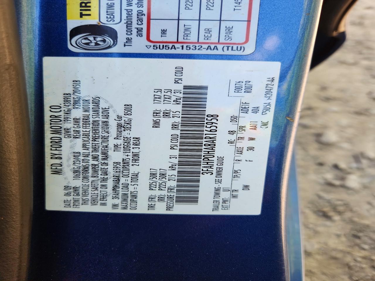 2010 Ford Fusion Se Blue vin: 3FAHP0HA8AR165958