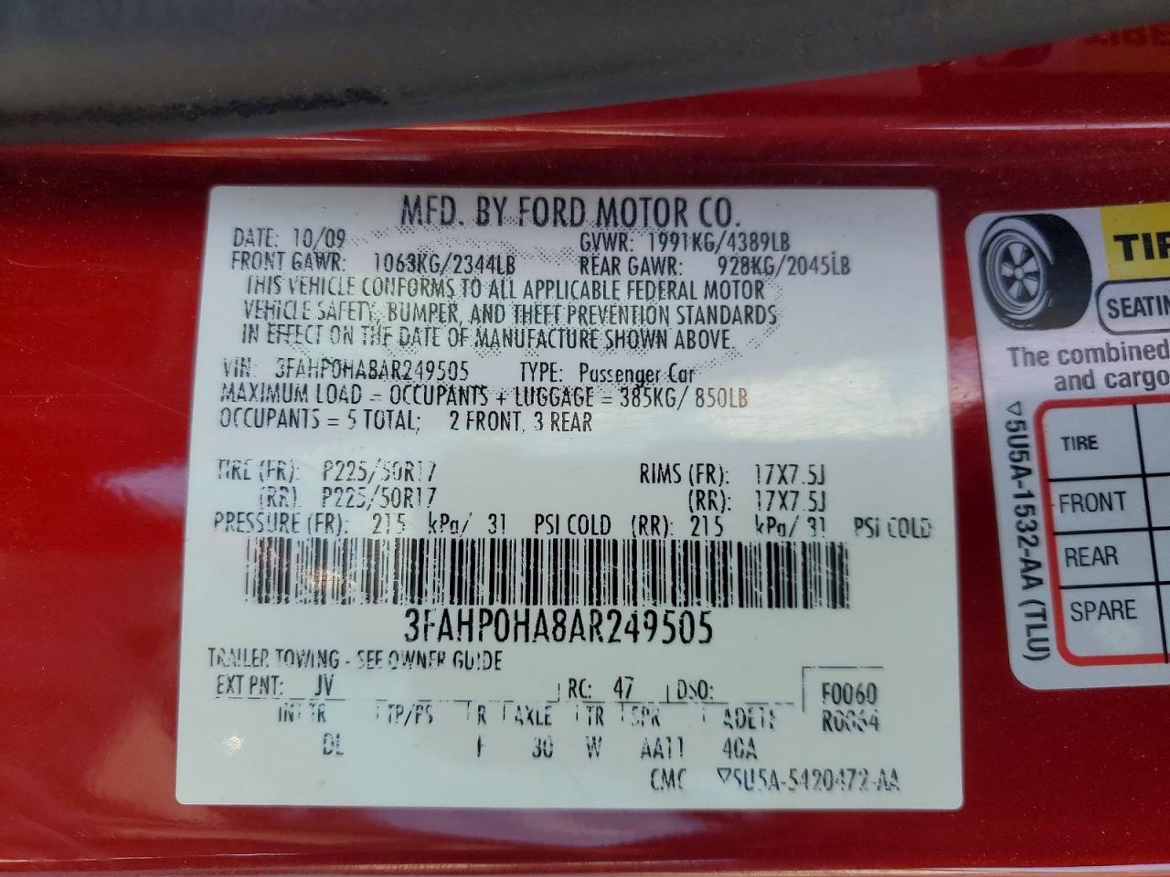 2010 Ford Fusion Se Red vin: 3FAHP0HA8AR249505