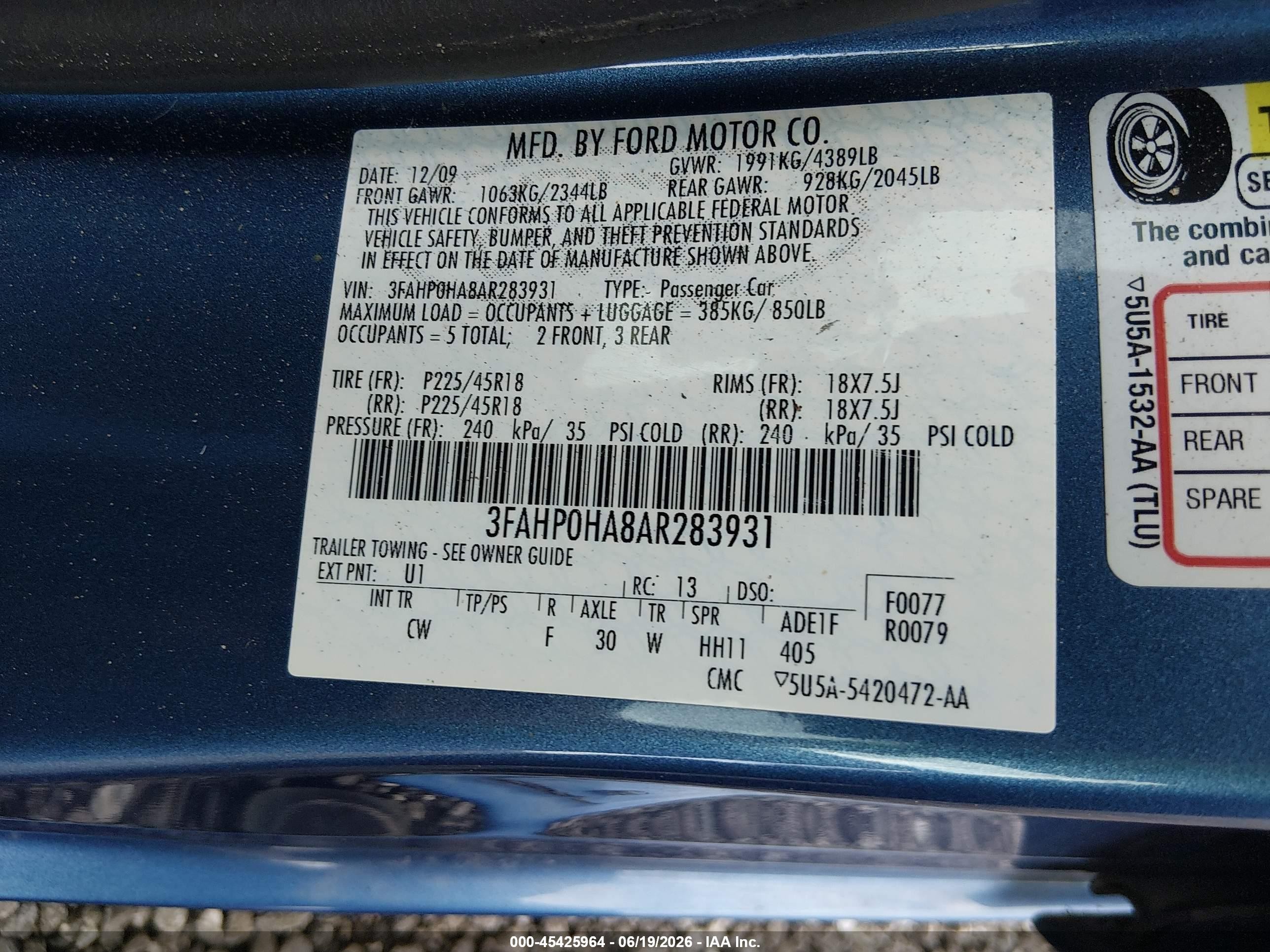 2010 Ford Fusion Se Blue vin: 3FAHP0HA8AR283931