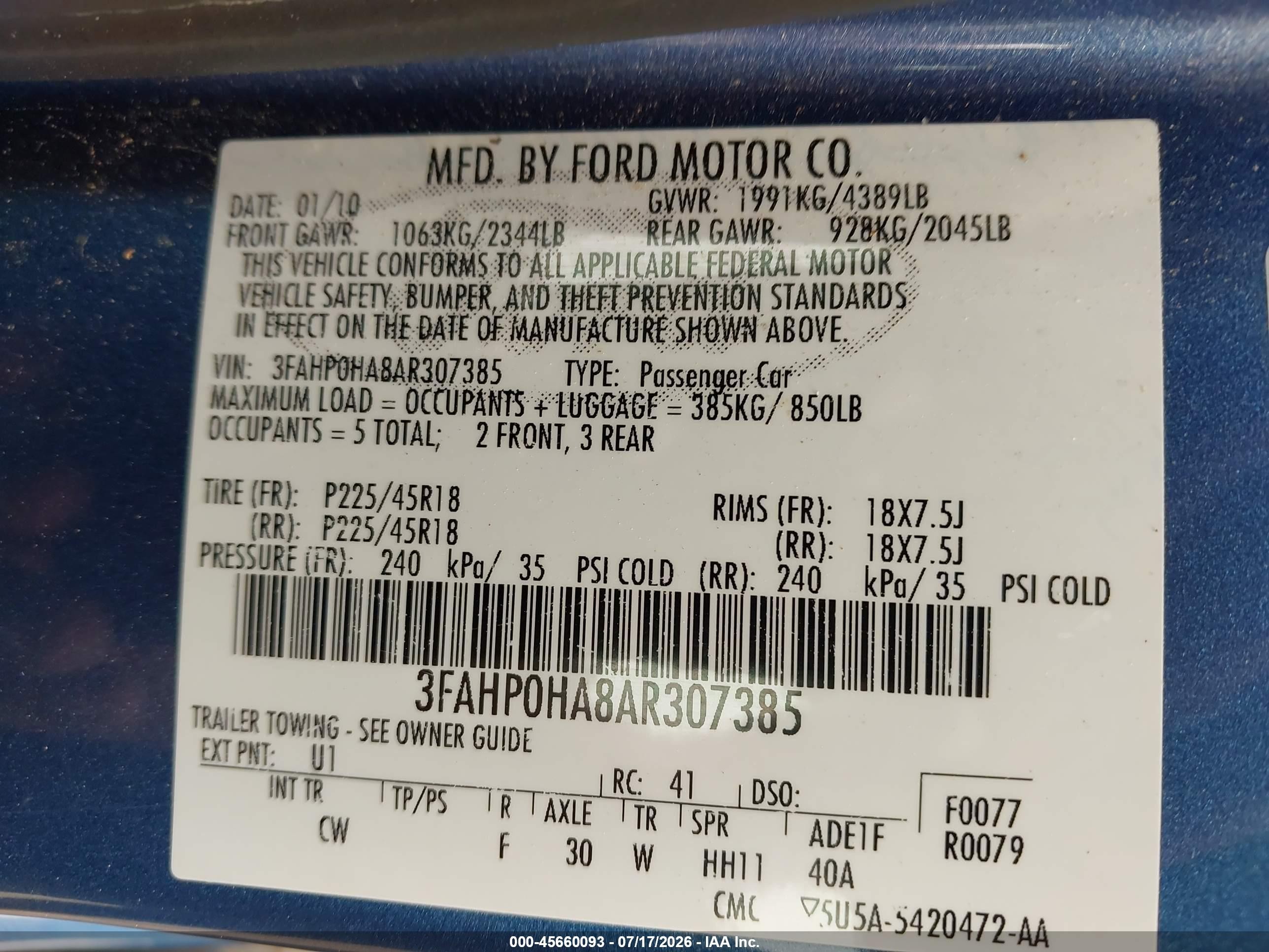 2010 Ford Fusion Se Blue vin: 3FAHP0HA8AR307385