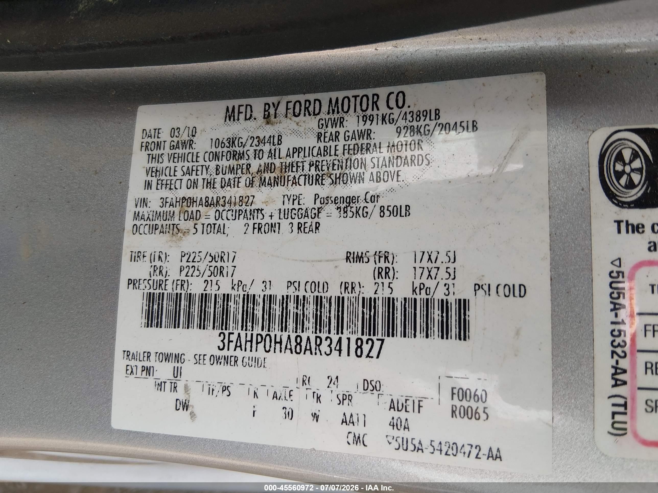 2010 Ford Fusion Se Silver vin: 3FAHP0HA8AR341827