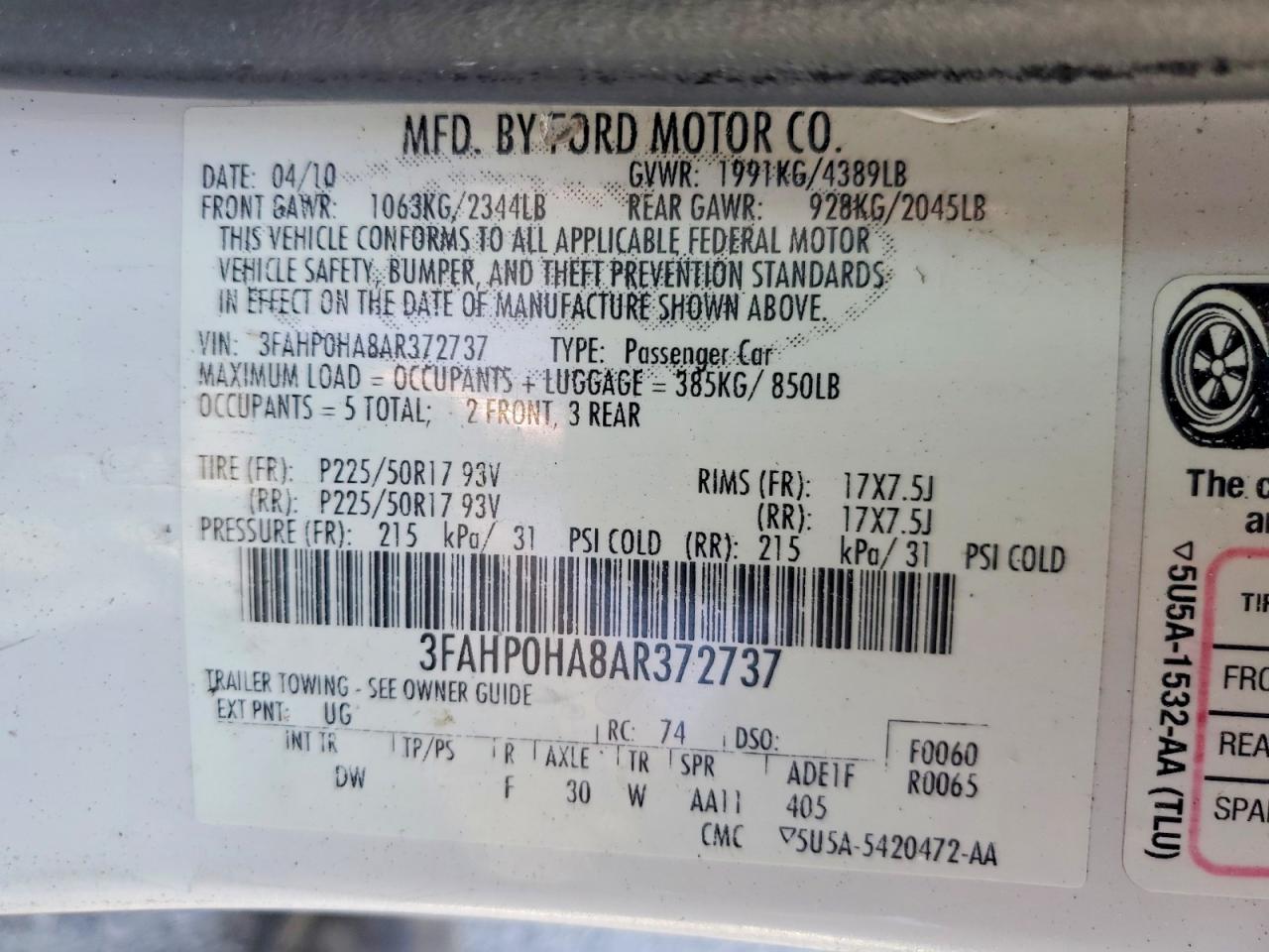 2010 Ford Fusion Se White vin: 3FAHP0HA8AR372737
