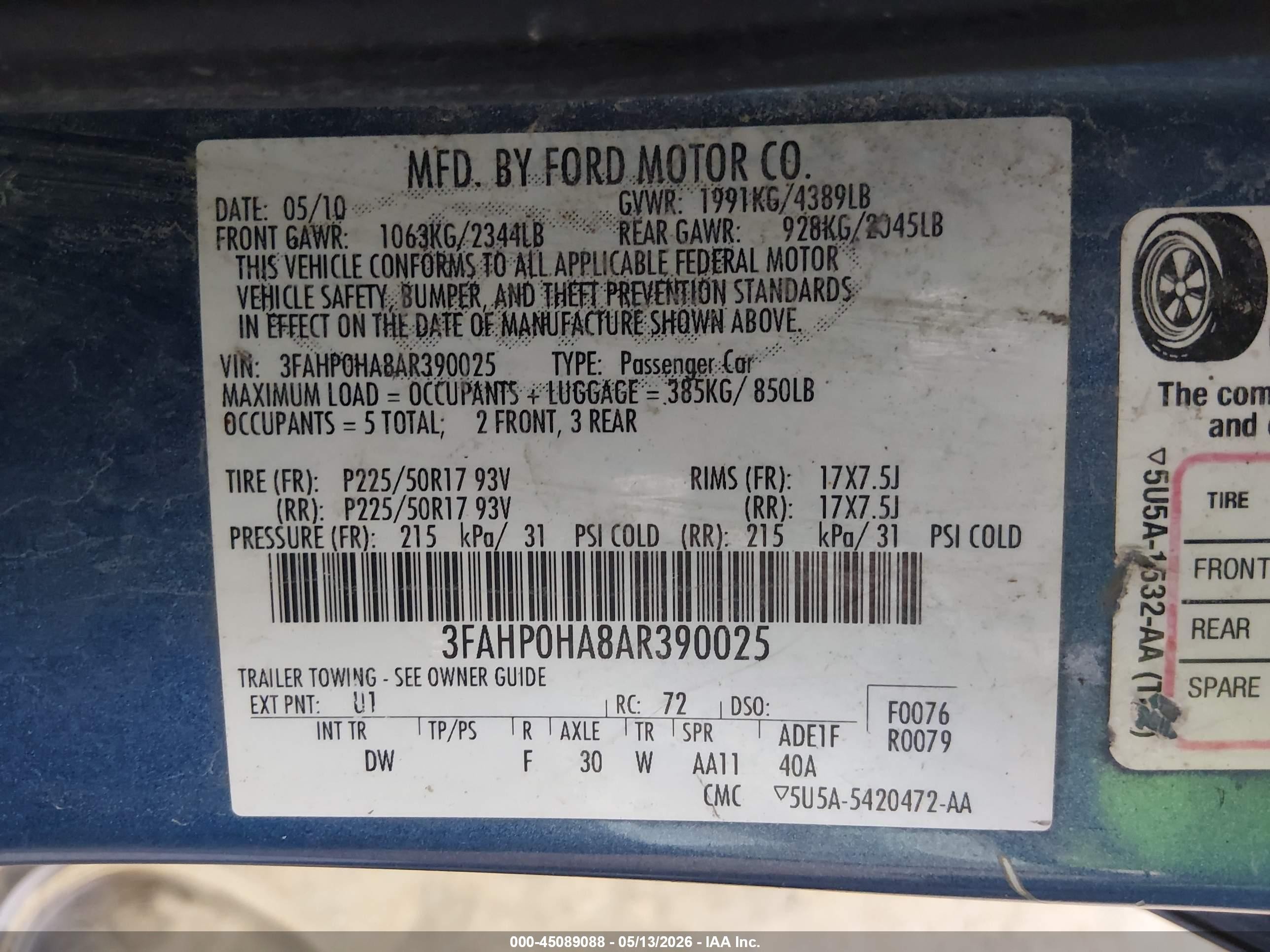 2010 Ford Fusion Se Blue vin: 3FAHP0HA8AR390025