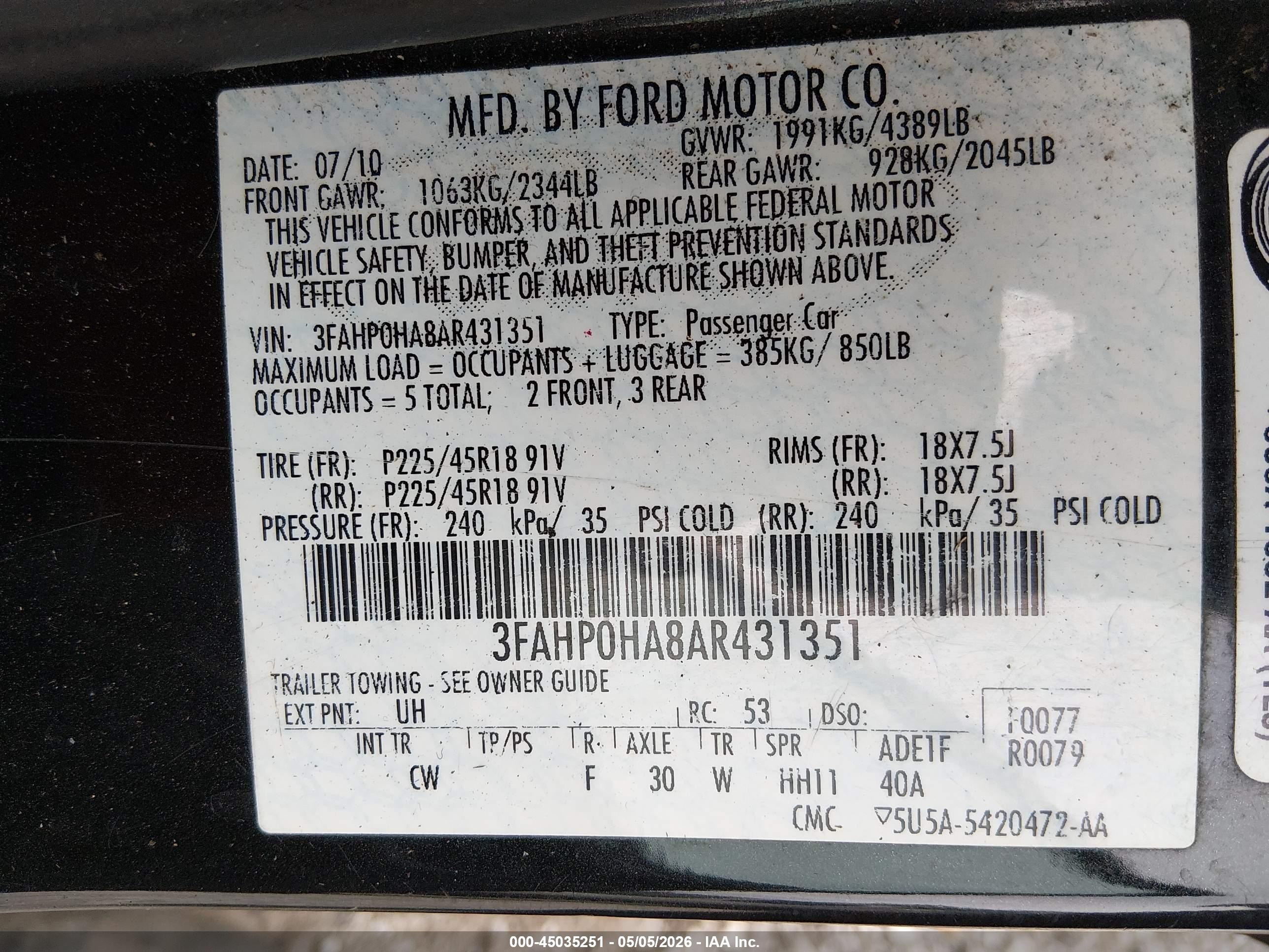 2010 Ford Fusion Se Black vin: 3FAHP0HA8AR431351