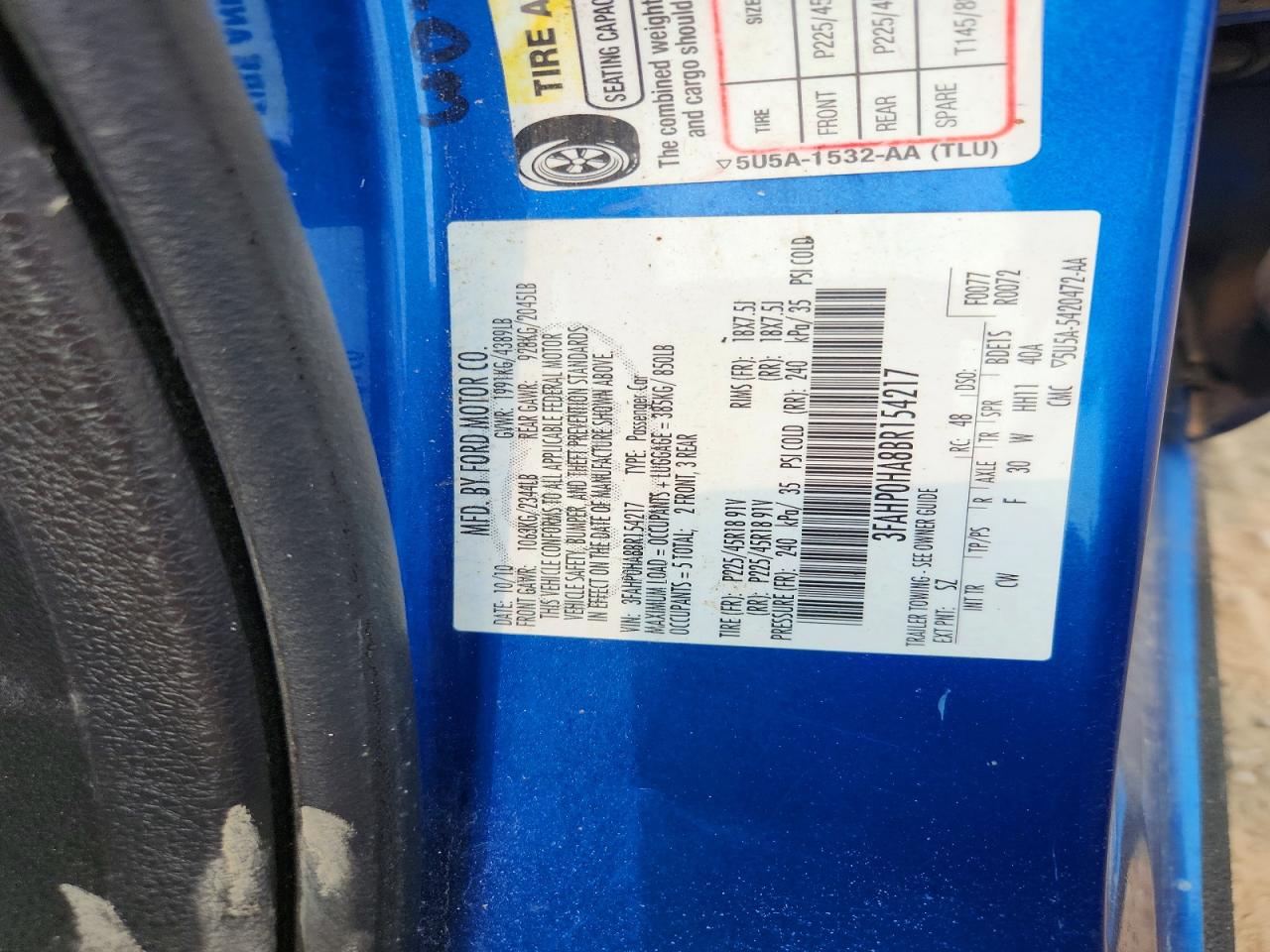 2011 Ford Fusion Se Blue vin: 3FAHP0HA8BR154217