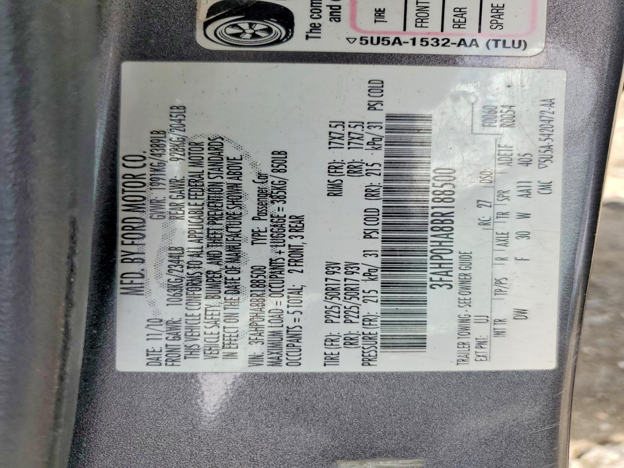 2011 Ford Fusion Se Charcoal vin: 3FAHP0HA8BR188500