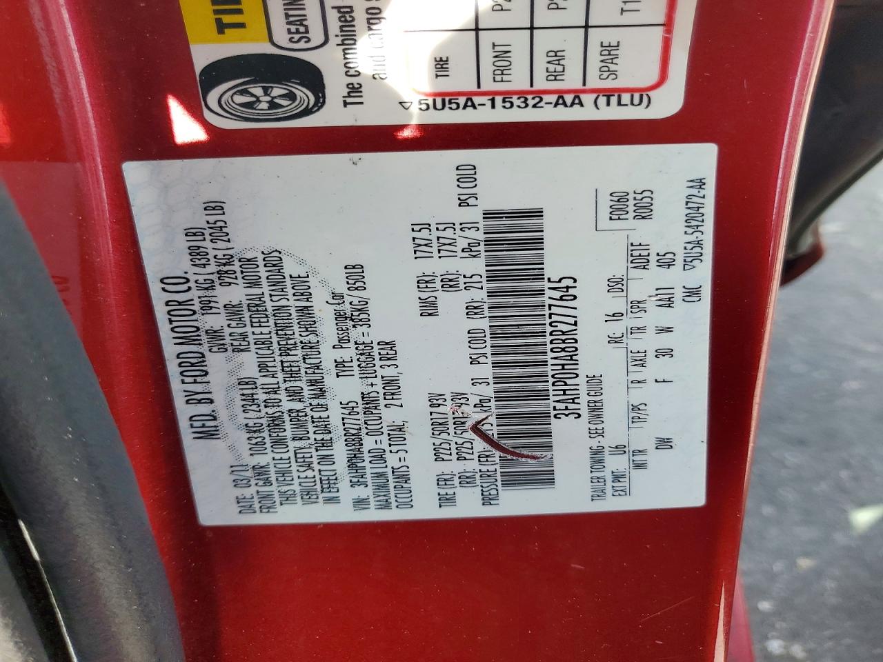 2011 Ford Fusion Se Red vin: 3FAHP0HA8BR277645