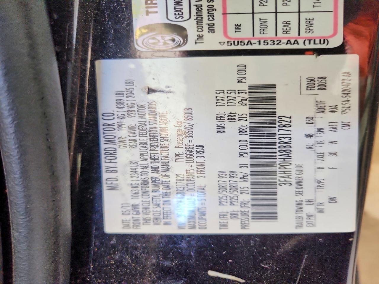 2011 Ford Fusion Se Black vin: 3FAHP0HA8BR317822