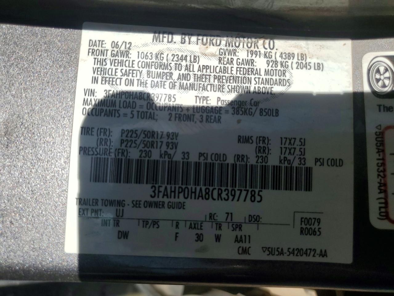 2012 Ford Fusion Se Charcoal vin: 3FAHP0HA8CR397785