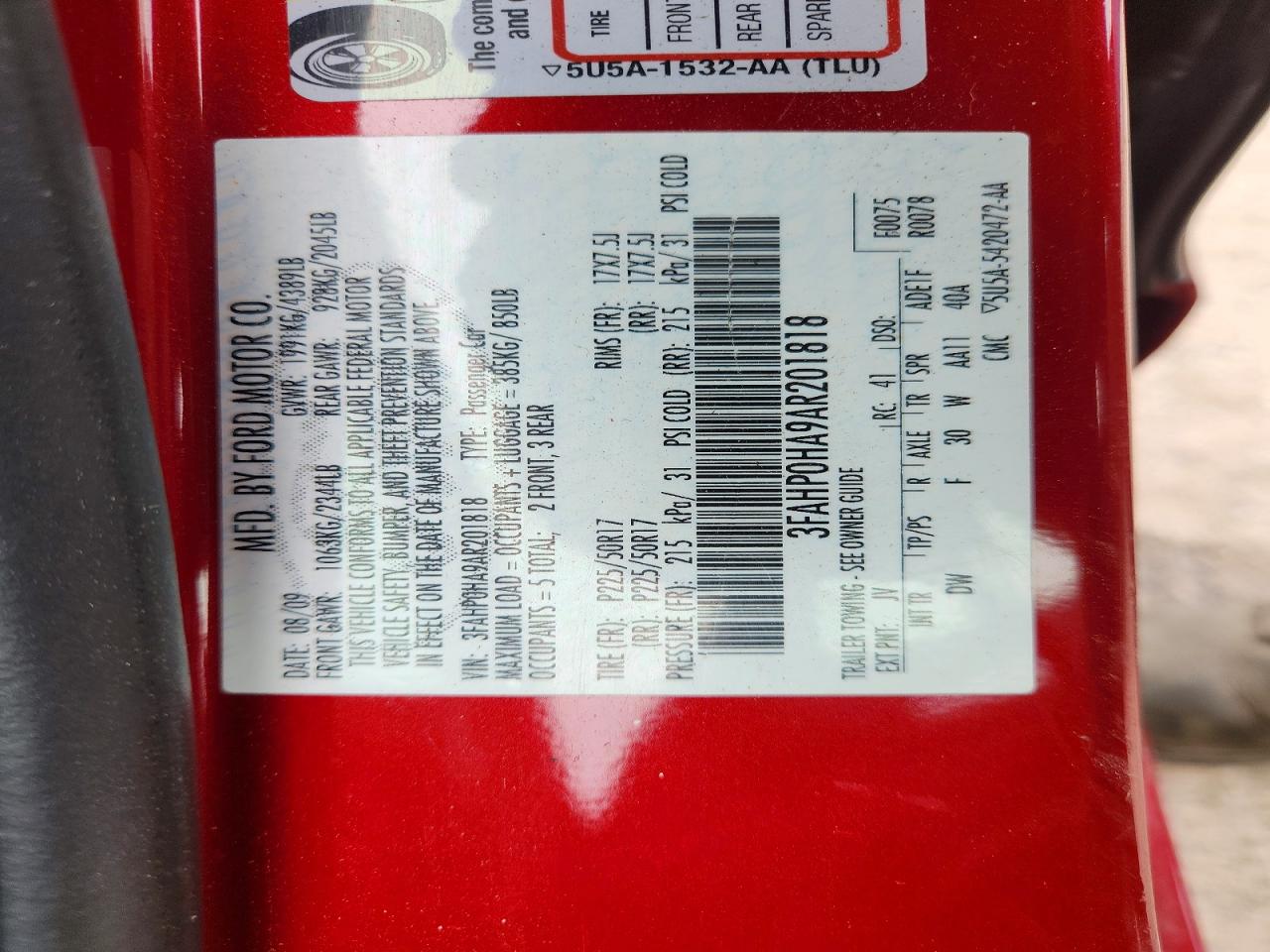 2010 Ford Fusion Se Red vin: 3FAHP0HA9AR201818
