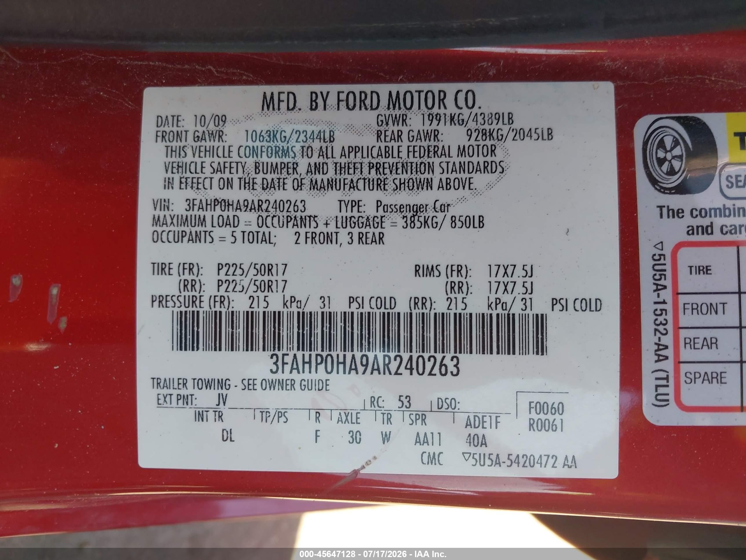 2010 Ford Fusion Se Red vin: 3FAHP0HA9AR240263