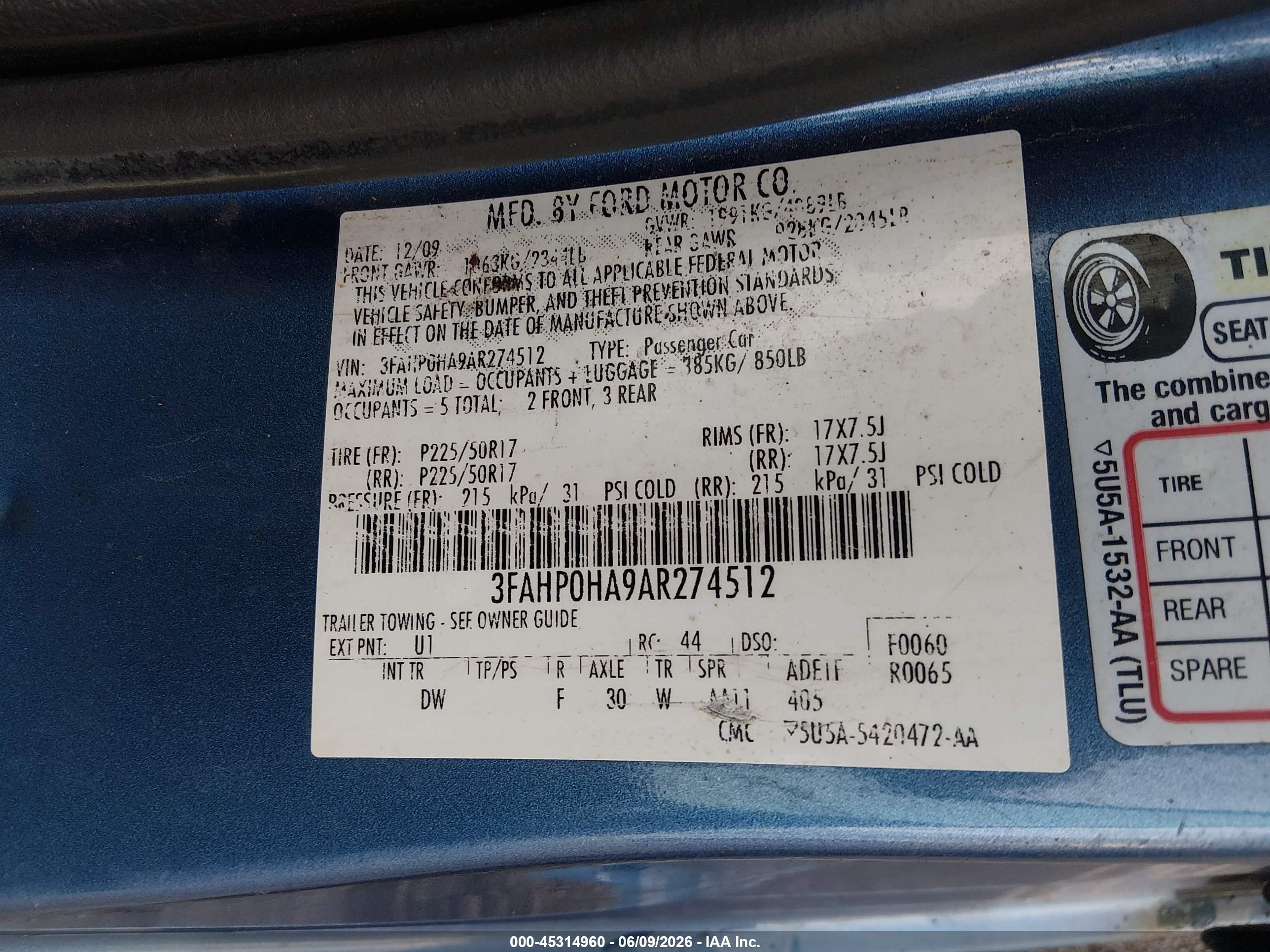 2010 Ford Fusion Se Blue vin: 3FAHP0HA9AR274512