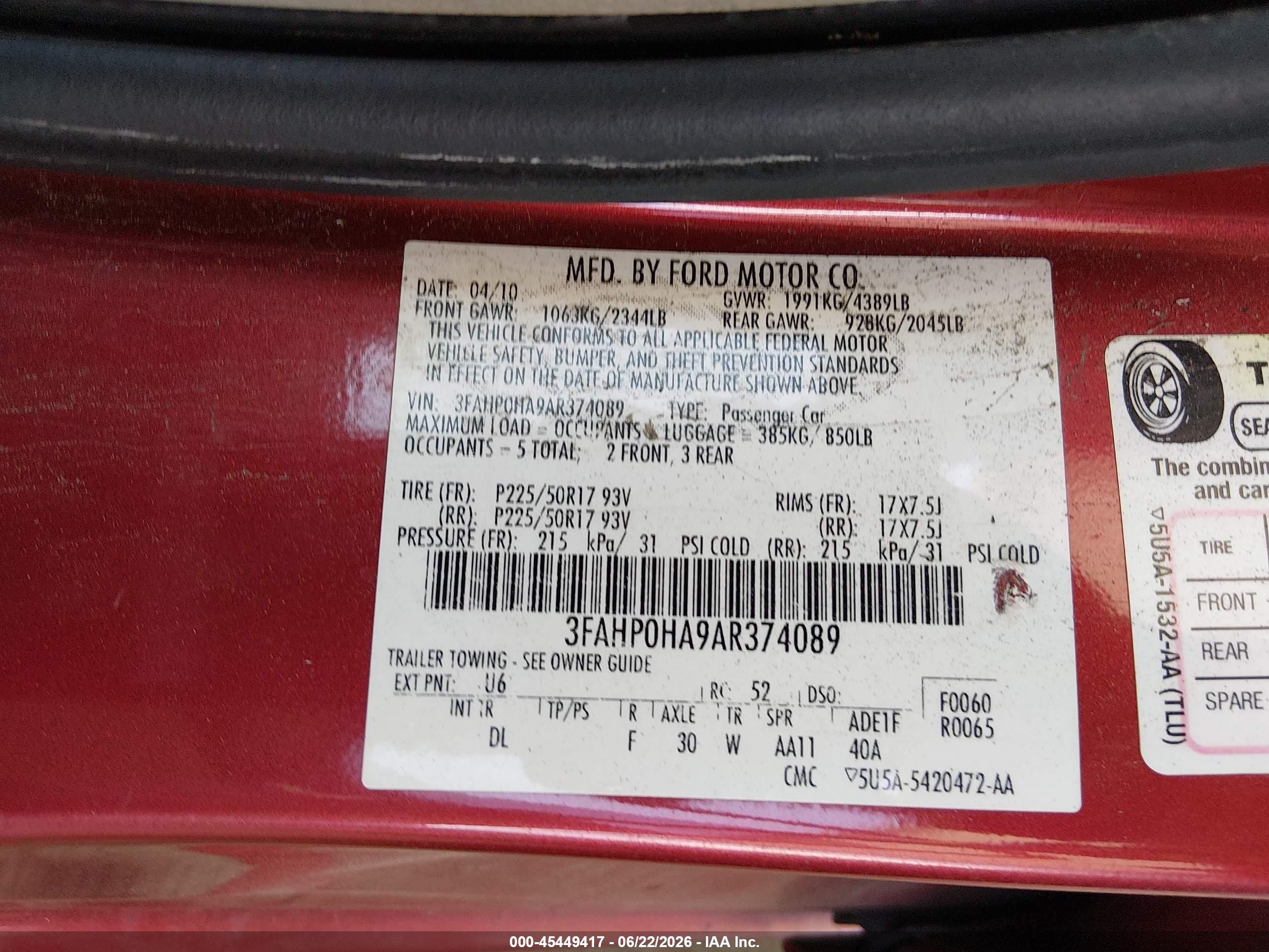 2010 Ford Fusion Se Red vin: 3FAHP0HA9AR374089