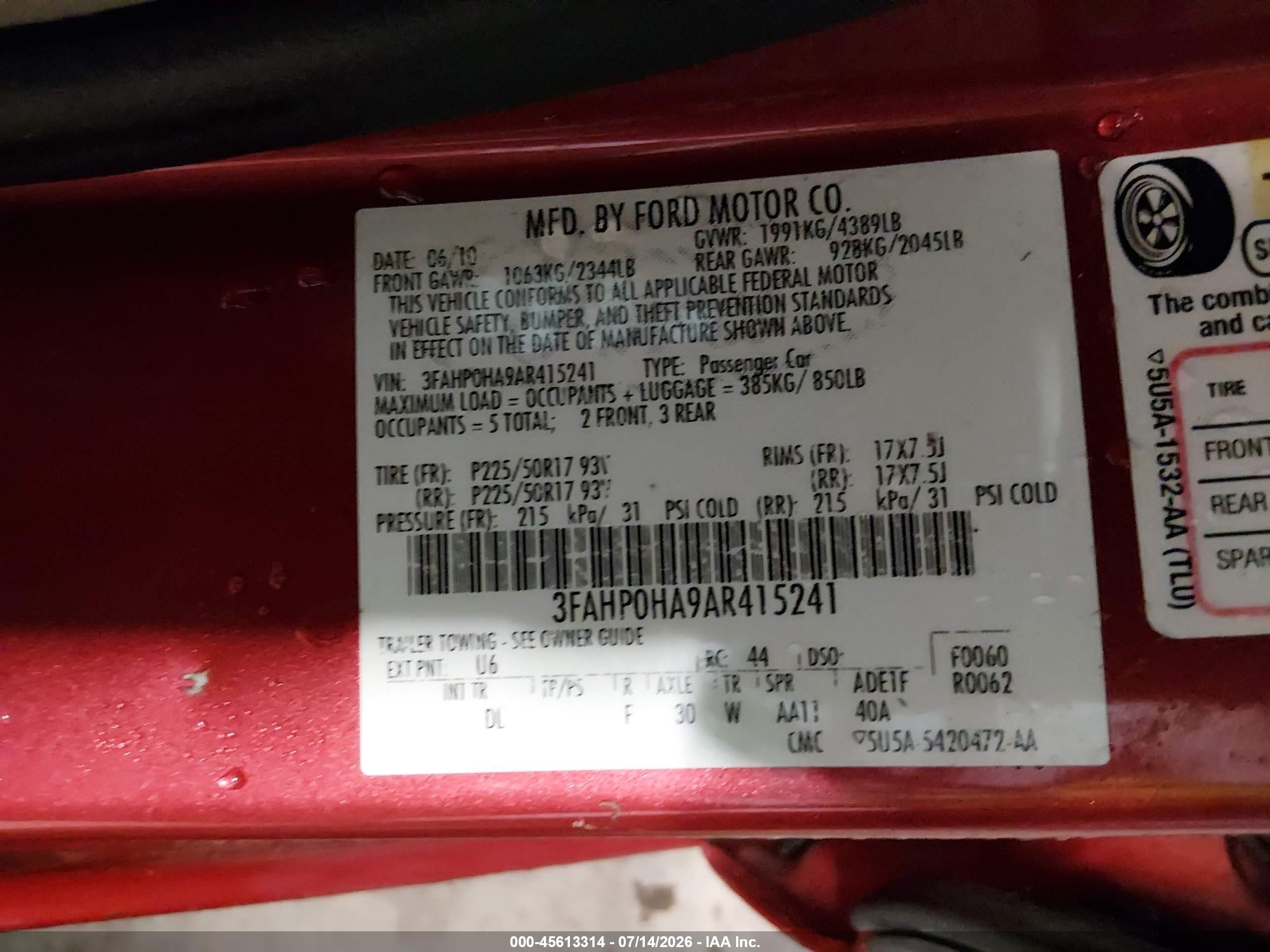 2010 Ford Fusion Se Red vin: 3FAHP0HA9AR415241