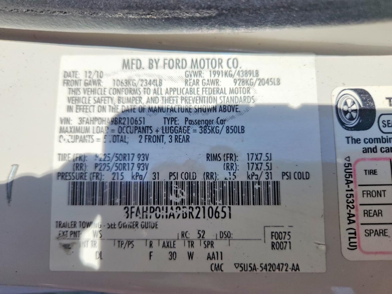2011 Ford Fusion Se White vin: 3FAHP0HA9BR210651
