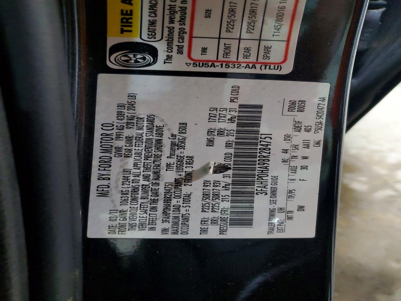 2011 Ford Fusion Se Black vin: 3FAHP0HA9BR284751