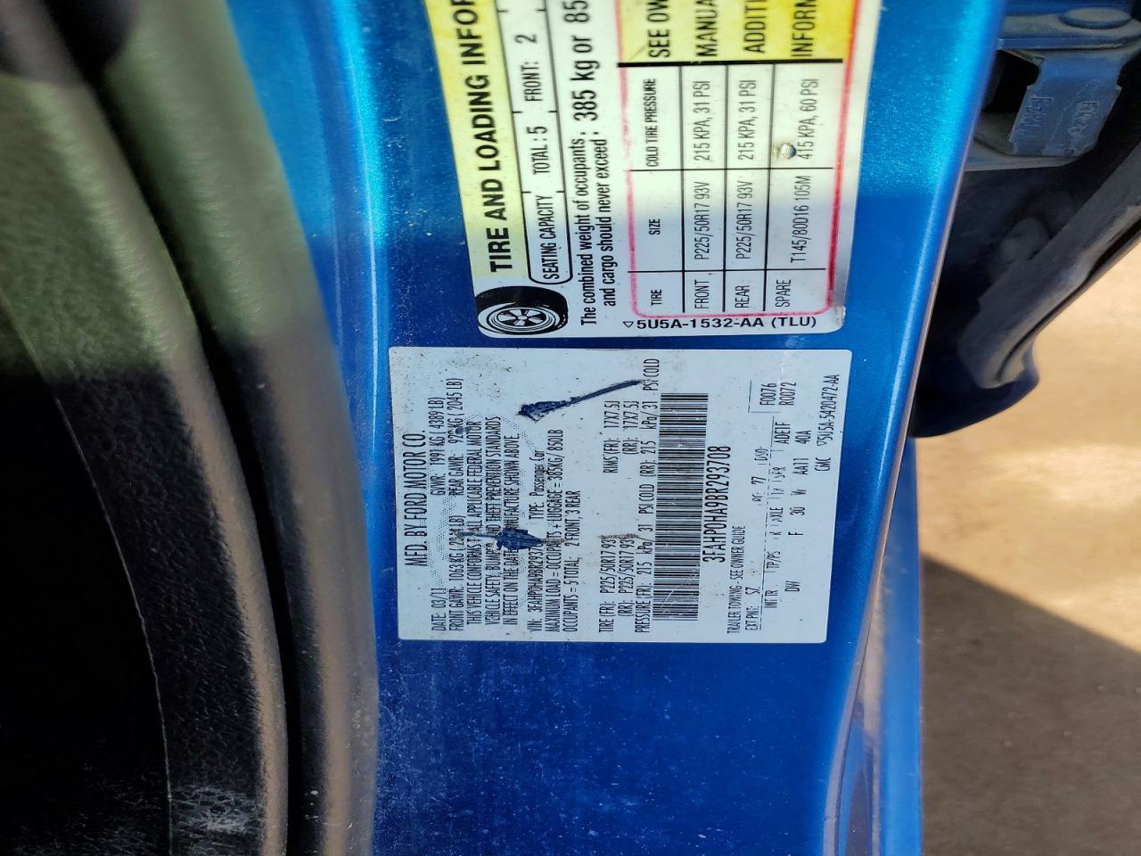 2011 Ford Fusion Se Blue vin: 3FAHP0HA9BR293708