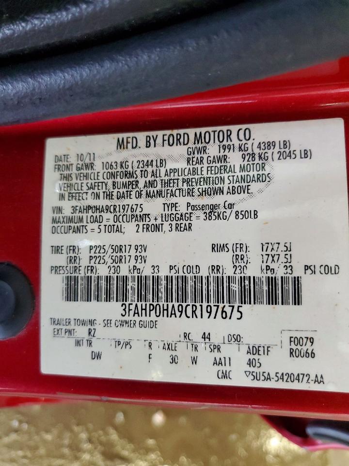 2012 Ford Fusion Se Red vin: 3FAHP0HA9CR197675