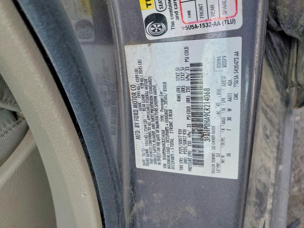 2012 Ford Fusion Se Gray vin: 3FAHP0HA9CR214068
