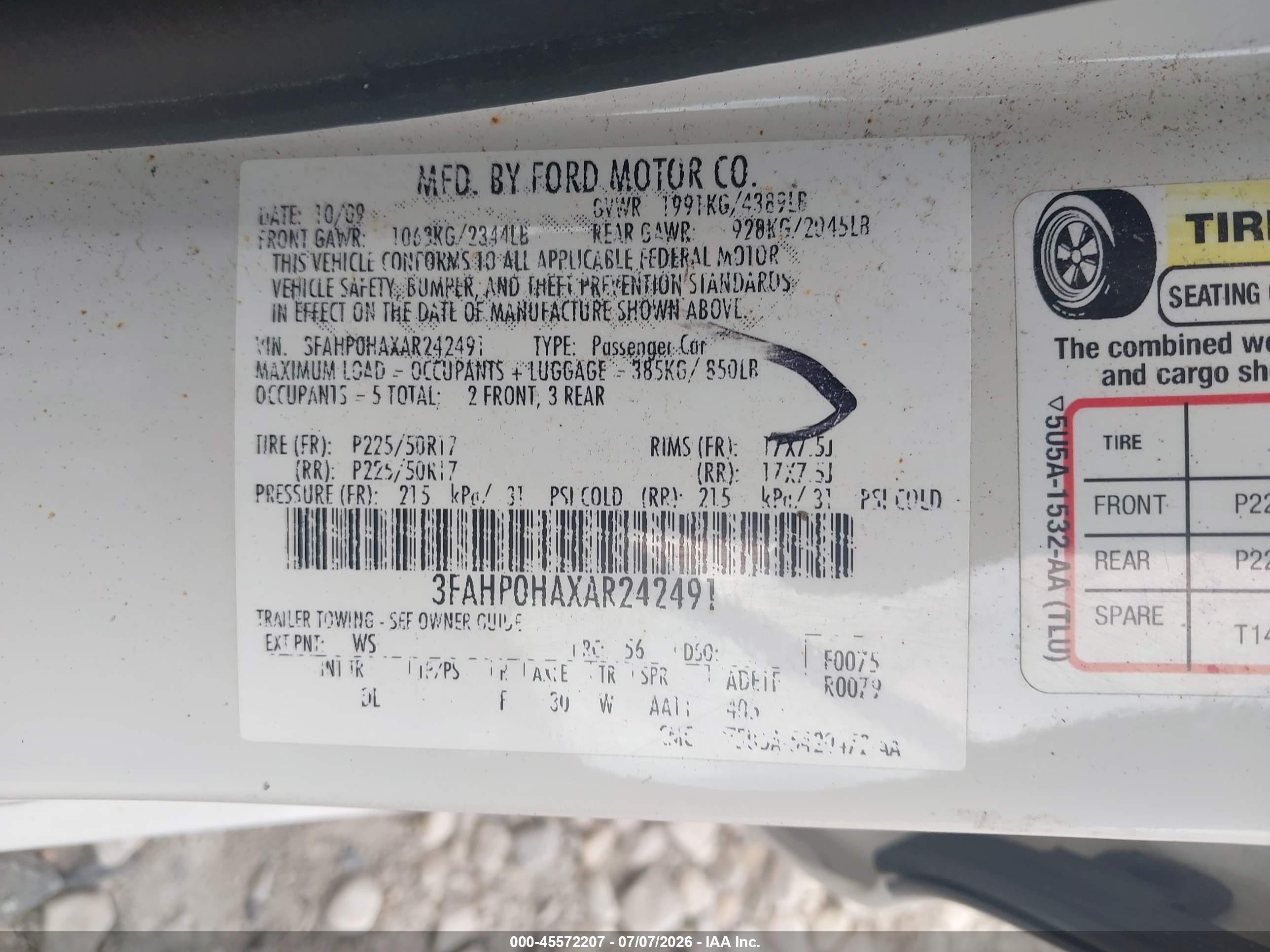 2010 Ford Fusion Se White vin: 3FAHP0HAXAR242491