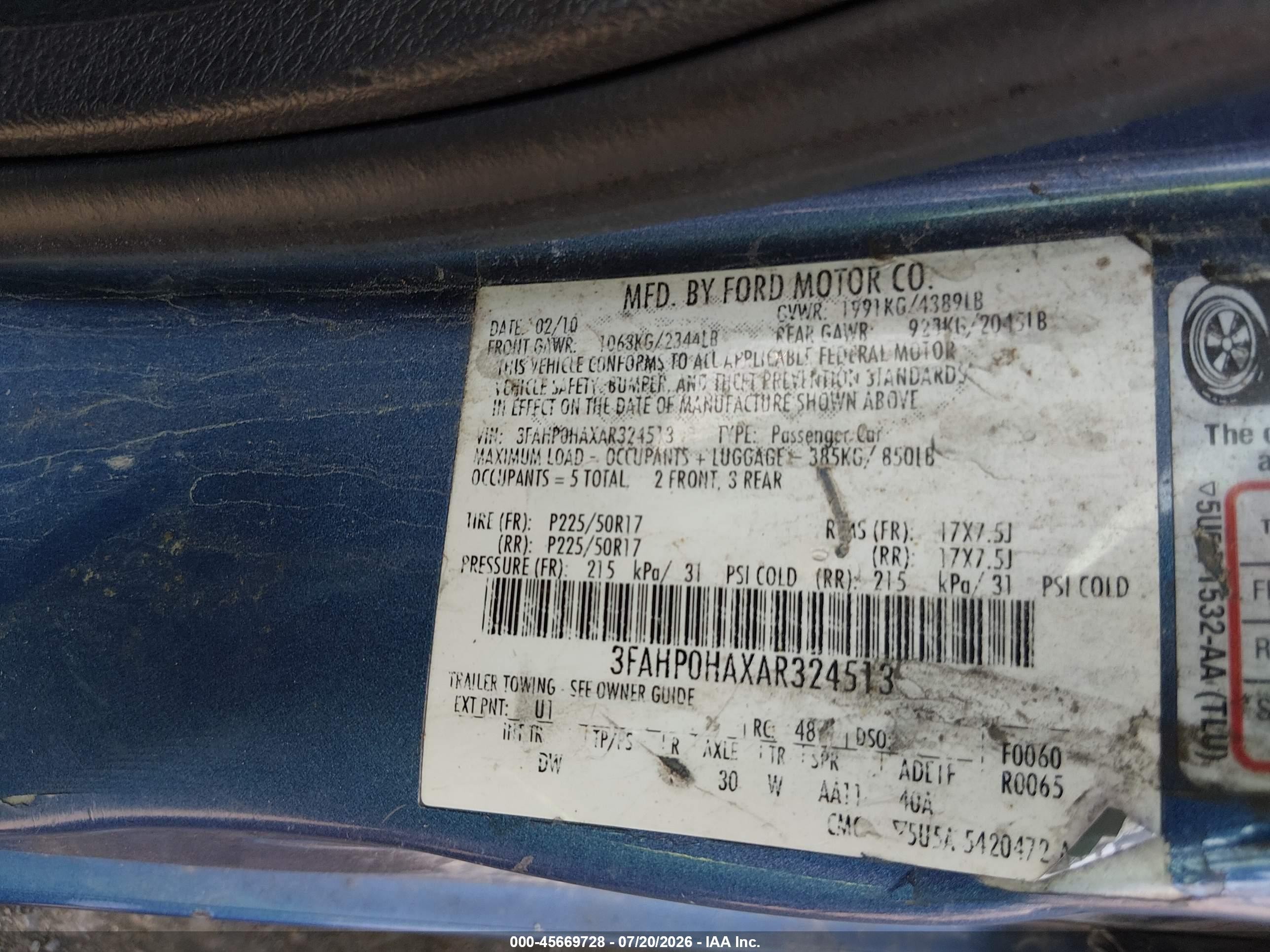 2010 Ford Fusion Se Blue vin: 3FAHP0HAXAR324513