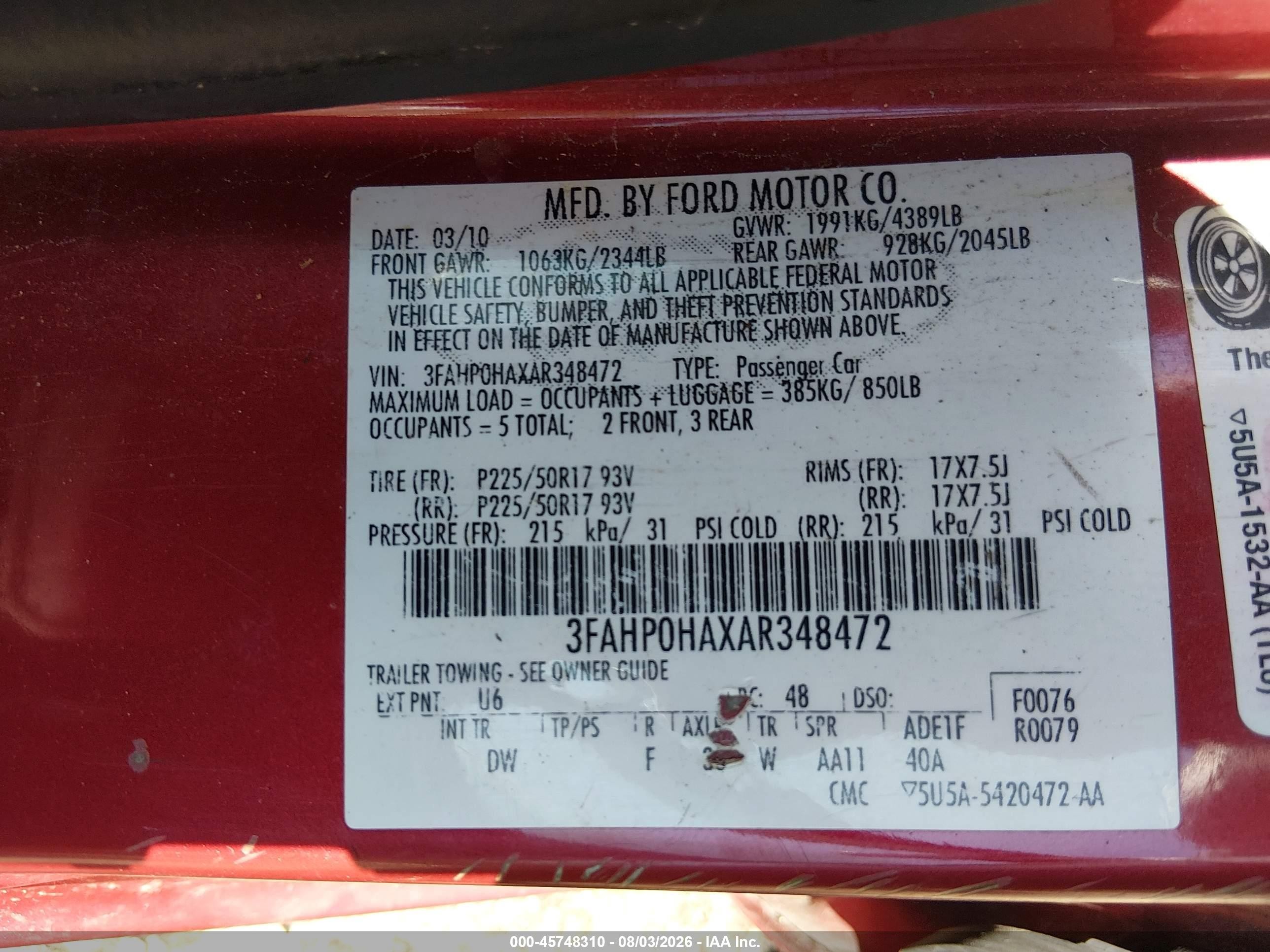2010 Ford Fusion Se Red vin: 3FAHP0HAXAR348472
