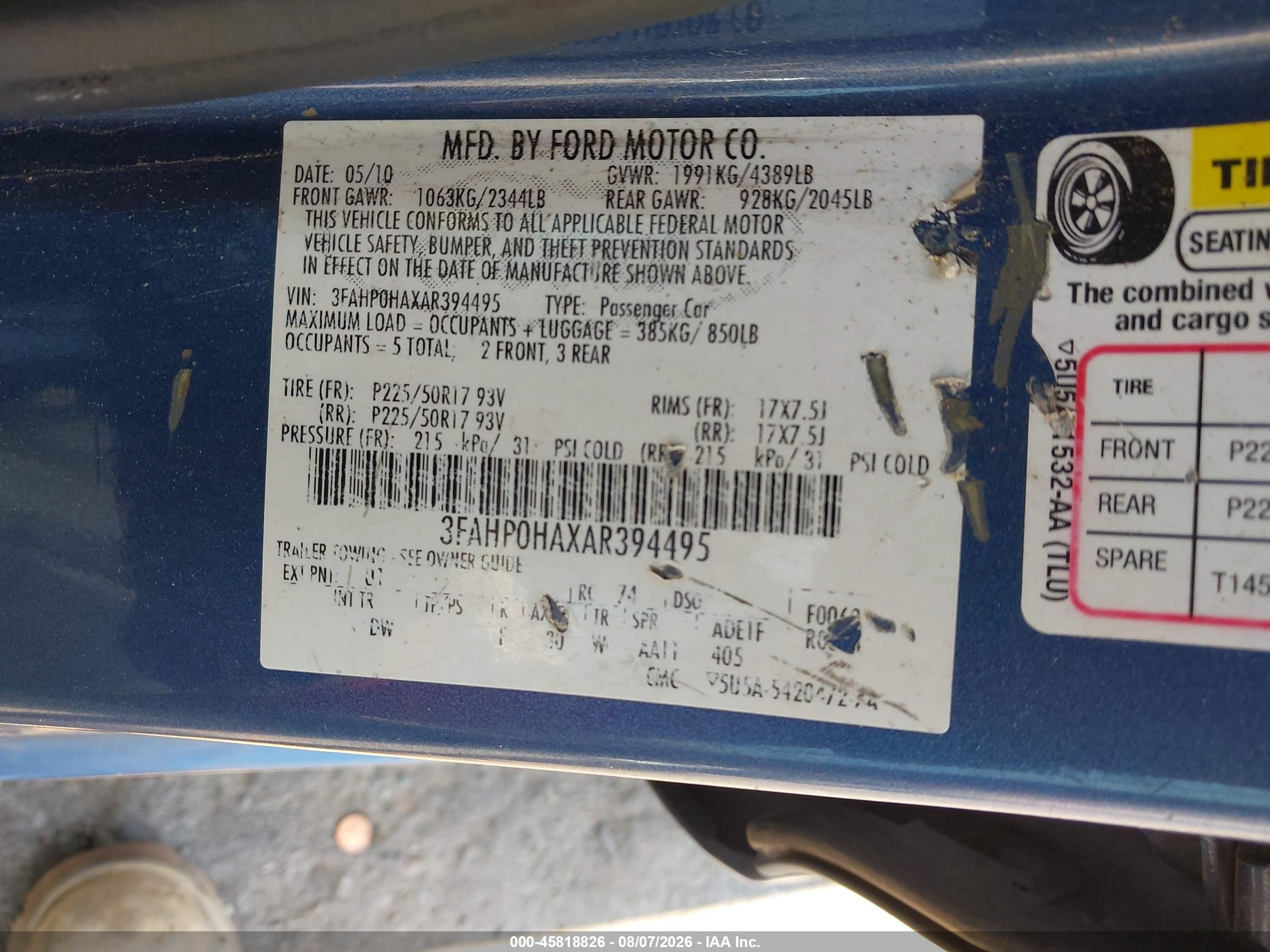 2010 Ford Fusion Se Blue vin: 3FAHP0HAXAR394495