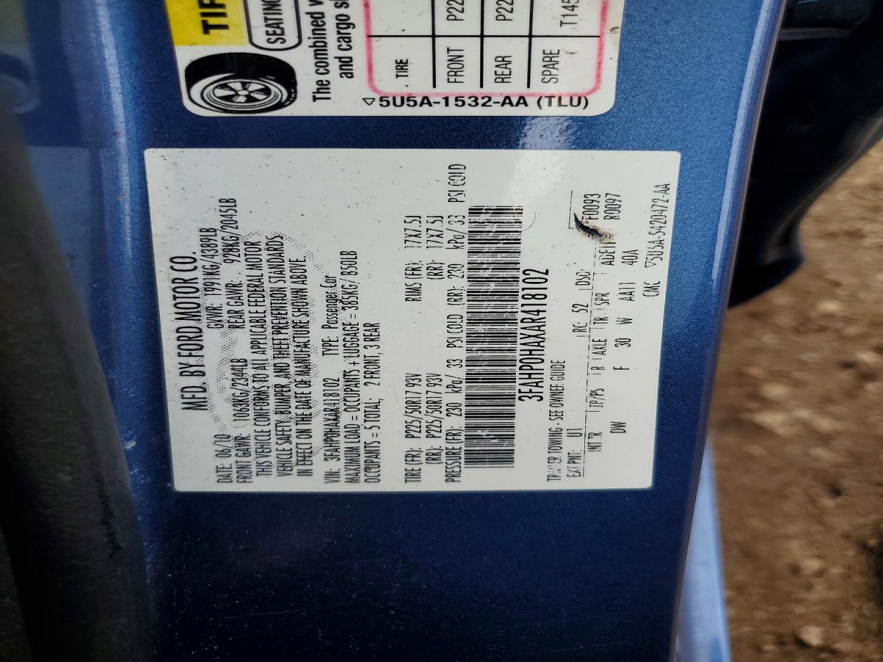 2010 Ford Fusion Se Blue vin: 3FAHP0HAXAR418102