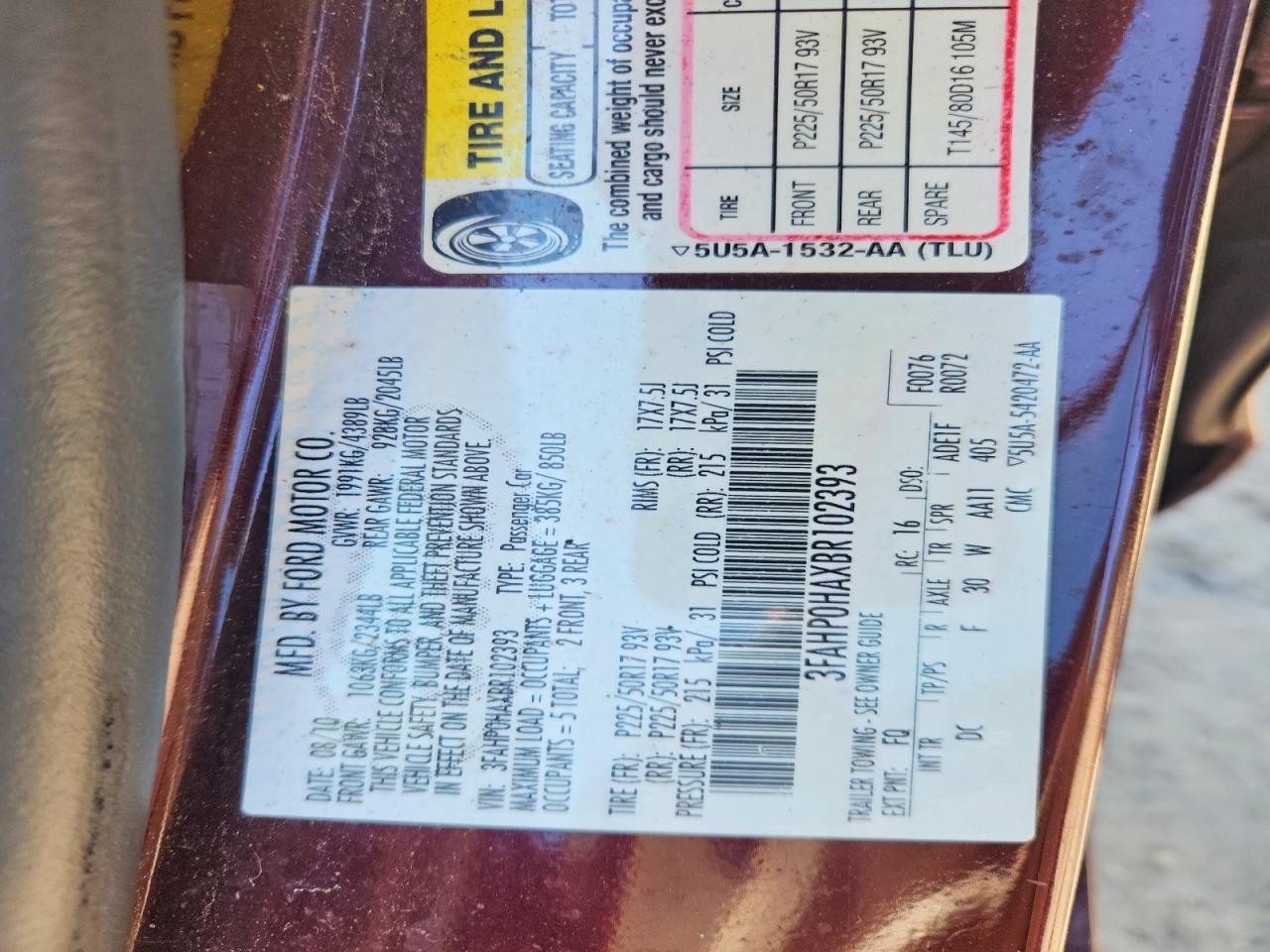 2011 Ford Fusion Se Burgundy vin: 3FAHP0HAXBR102393