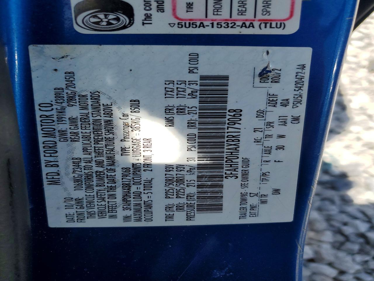 2011 Ford Fusion Se Blue vin: 3FAHP0HAXBR179068