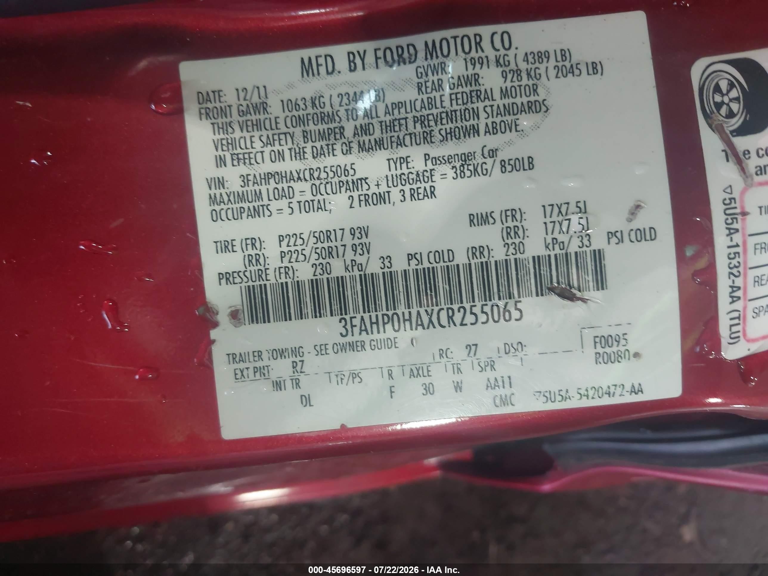2012 Ford Fusion Se Red vin: 3FAHP0HAXCR255065