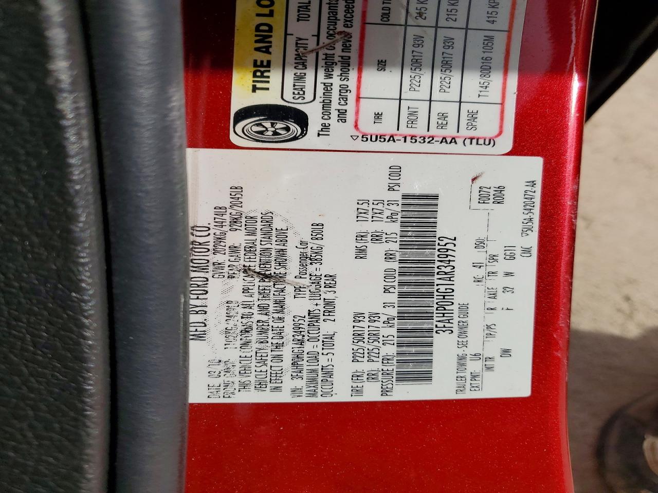 2010 Ford Fusion Se Red vin: 3FAHP0HG1AR349952