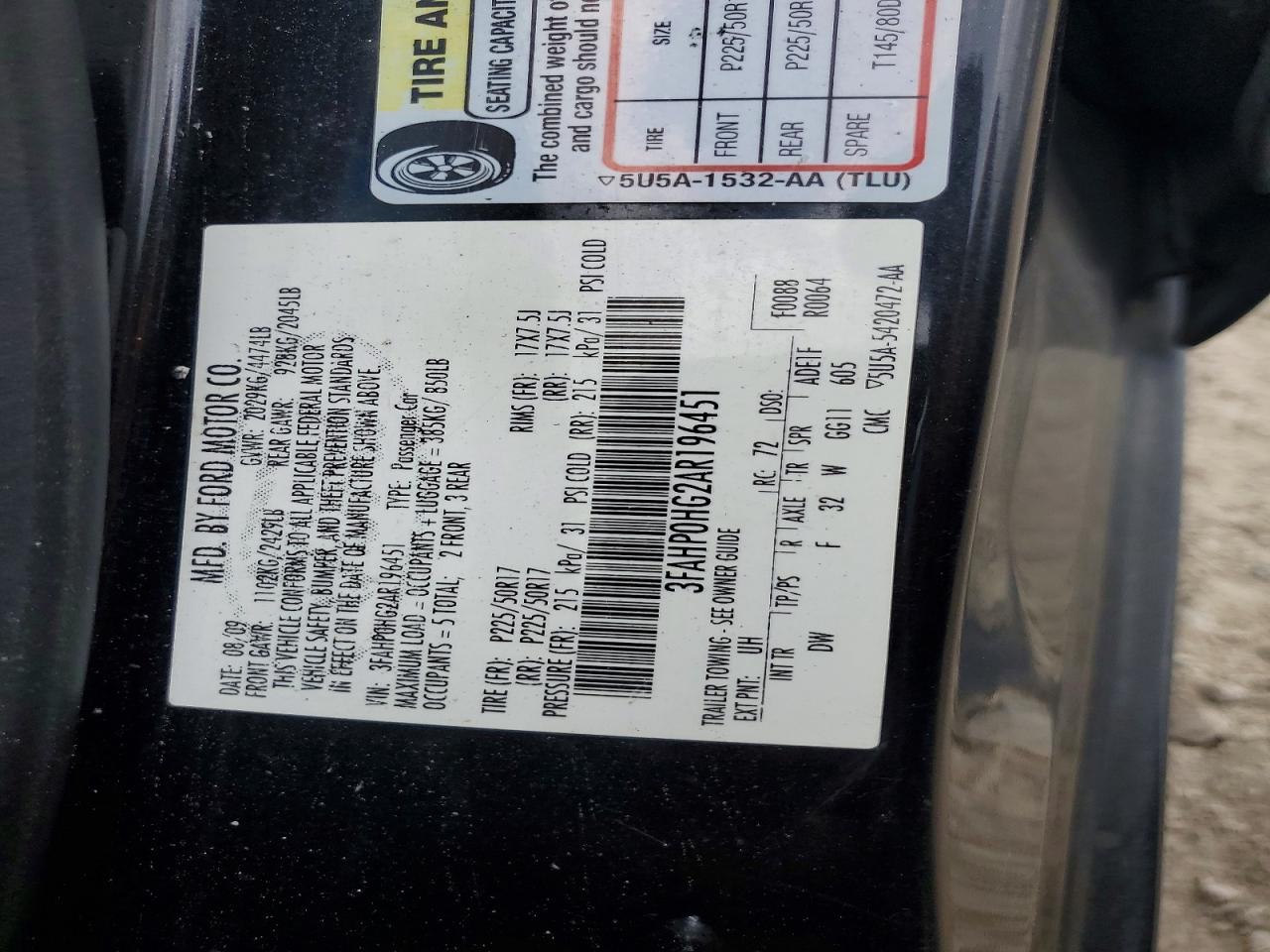 2010 Ford Fusion Se Черный vin: 3FAHP0HG2AR196451