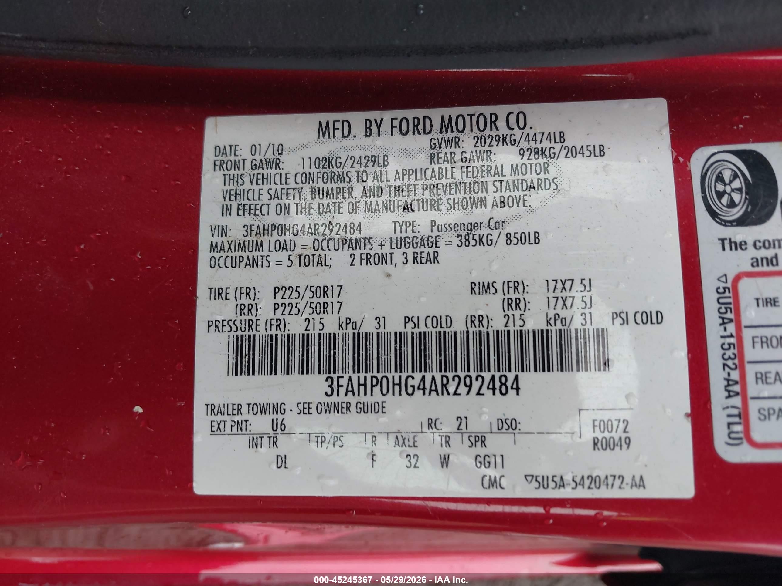 2010 Ford Fusion Se Burgundy vin: 3FAHP0HG4AR292484