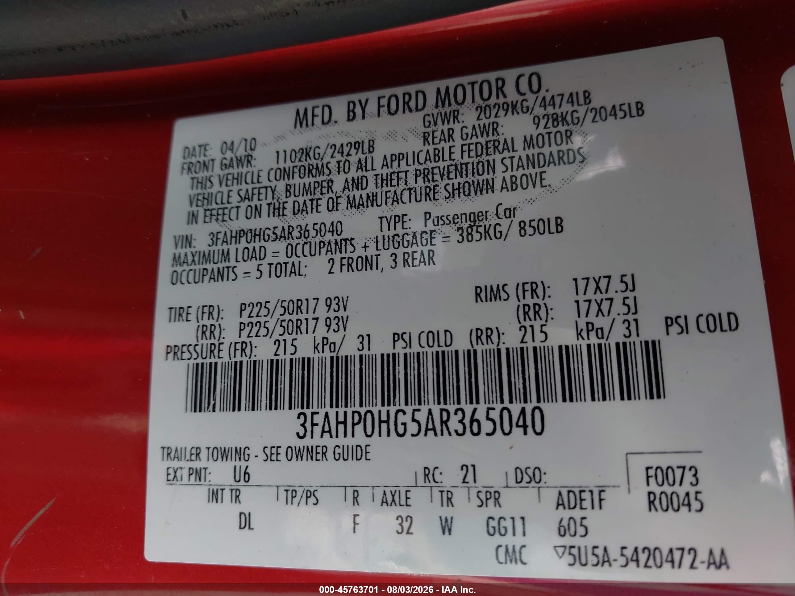 2010 Ford Fusion Se Red vin: 3FAHP0HG5AR365040