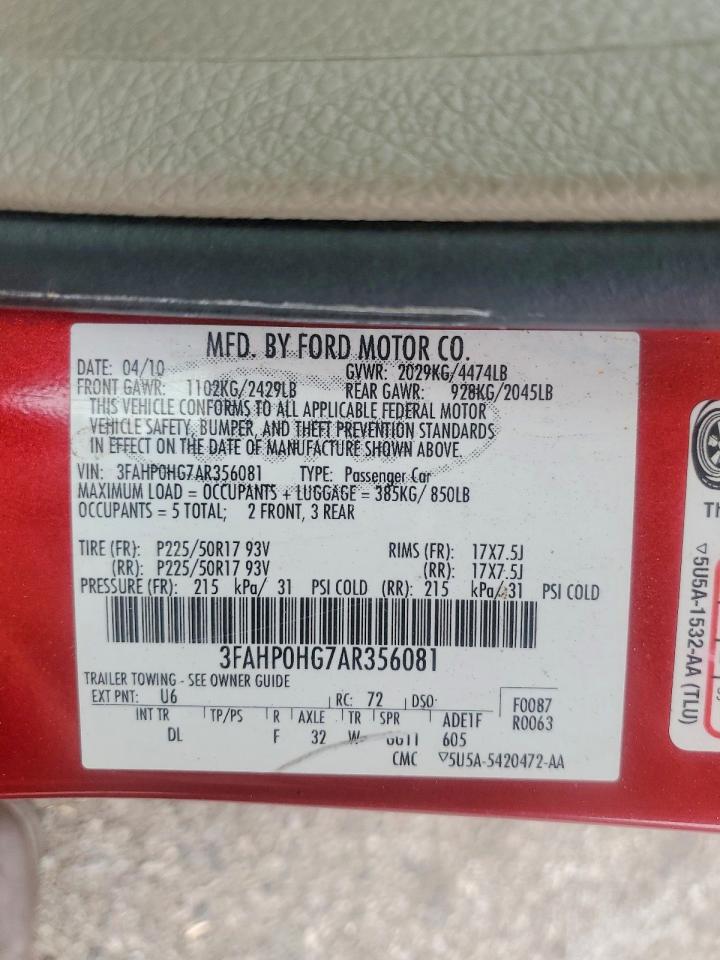 2010 Ford Fusion Se Red vin: 3FAHP0HG7AR356081