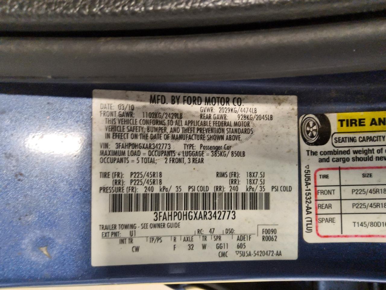 2010 Ford Fusion Se Blue vin: 3FAHP0HGXAR342773