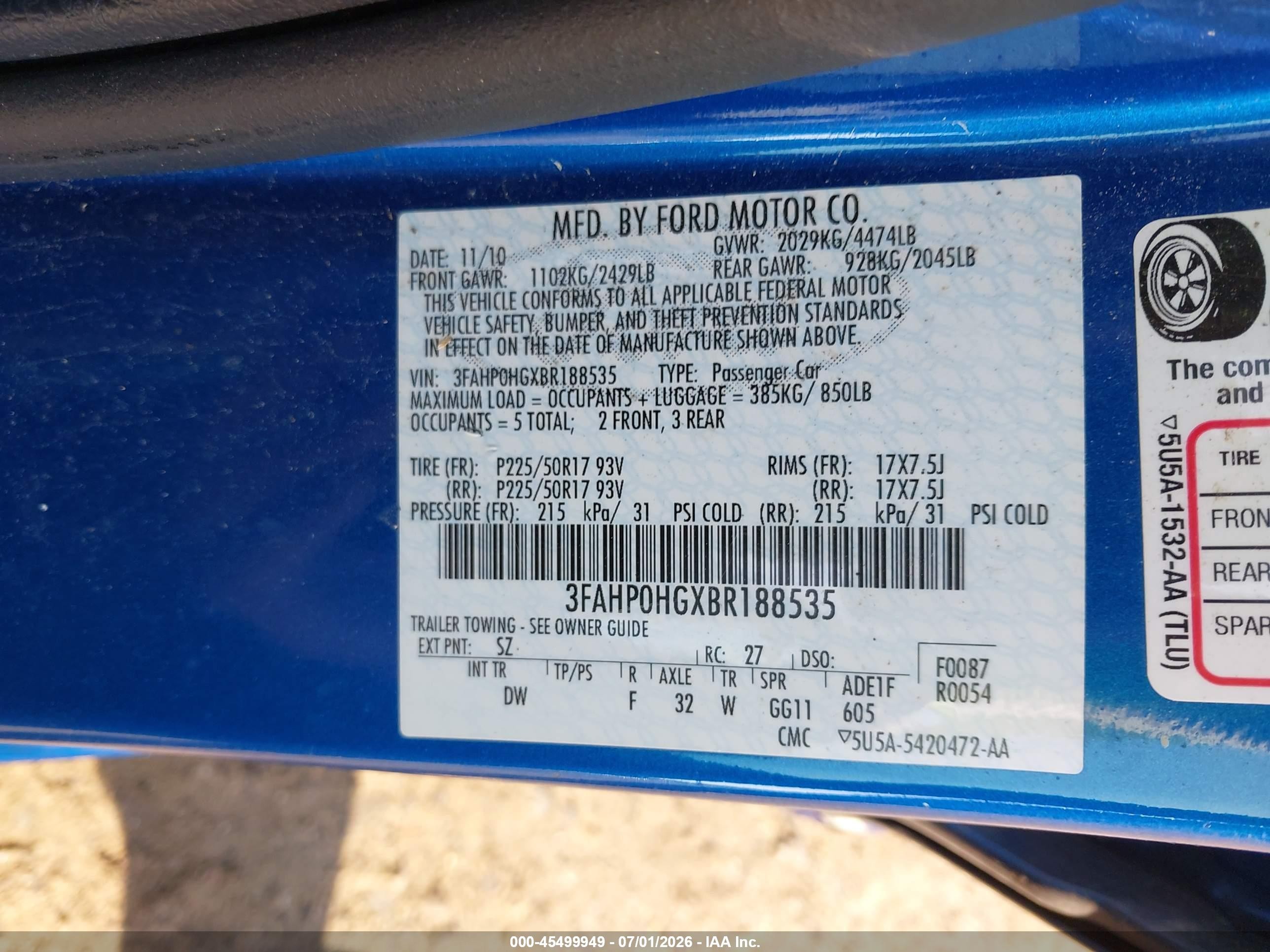 2011 Ford Fusion Se Blue vin: 3FAHP0HGXBR188535