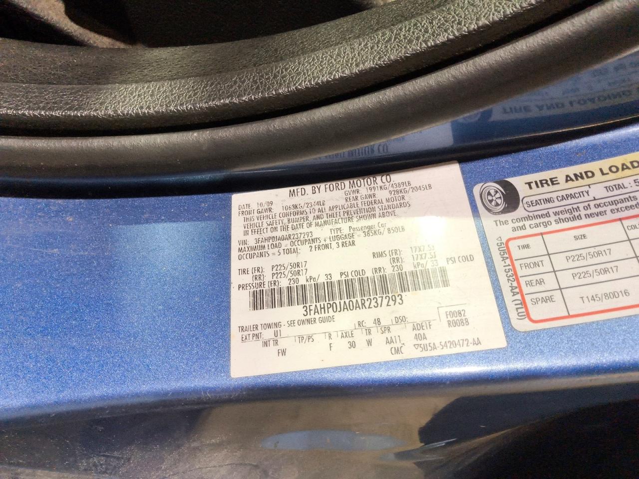 2010 Ford Fusion Sel Blue vin: 3FAHP0JA0AR237293