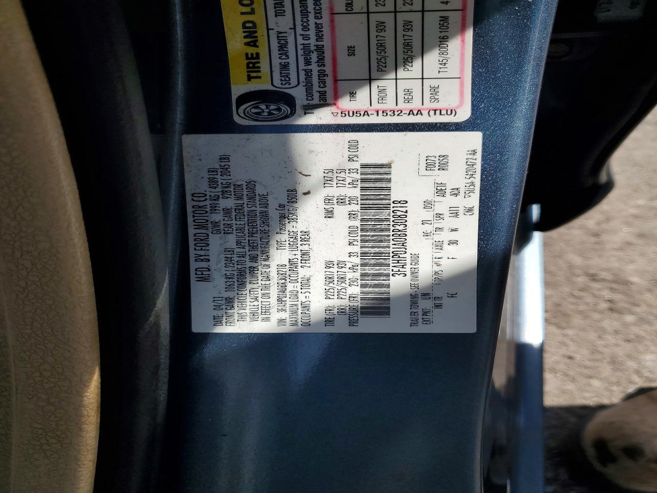2011 Ford Fusion Sel Blue vin: 3FAHP0JA0BR308218